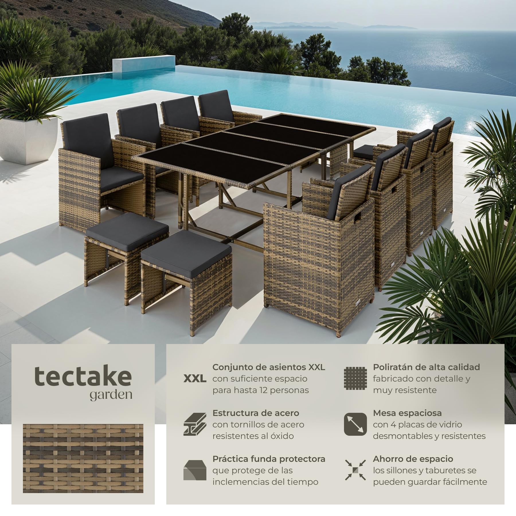 tectake® Juego de Muebles de Jardín en Ratán, Conjunto Comedor para Jardín Exterior, 8 Sillas, 4 Taburetes, 1 Mesa, Set de Muebles de Mimbre para Terraza o Patio, con Cojines y Fundas- Natural