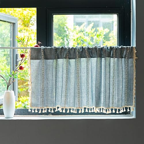 Deeprove Denim Blue Boho Curtain Valance for Cafe Kitchen Closet Doorway Decor, Sheer Bohemian Farmhouse Cotton Linen Short Panel Tassel Trim Traditional Window Treatment Drape, W52 x L18, 1 Piece