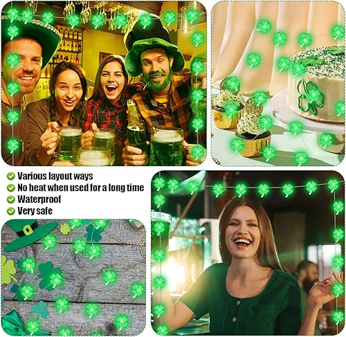 Miniatura 7 de PEUTIER Guirnalda de luces de 13.12 pies para el día de San Patricio con control remoto, funciona con pilas, luces de trébol verde de 4 hojas, 40