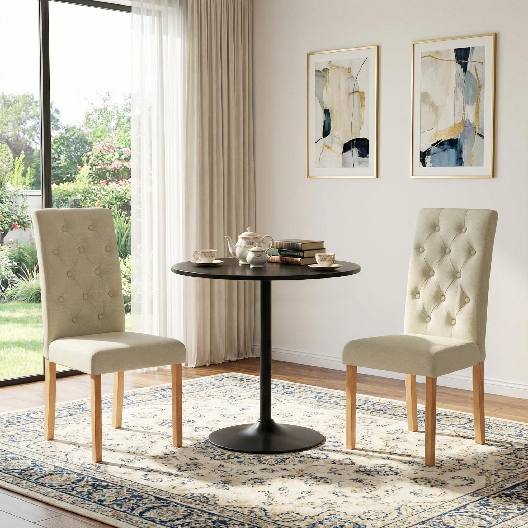 EGGREE Esszimmerstühle 2er Set Beige Leinenoptik Stoff Stühle mit Dicker Sitzfläche & Genähtem Rautenrücken, Stabile Gummibaumholz-Beine, 43,5 x 56 x 98 cm, Moderner Design für Esszimmer & Küche