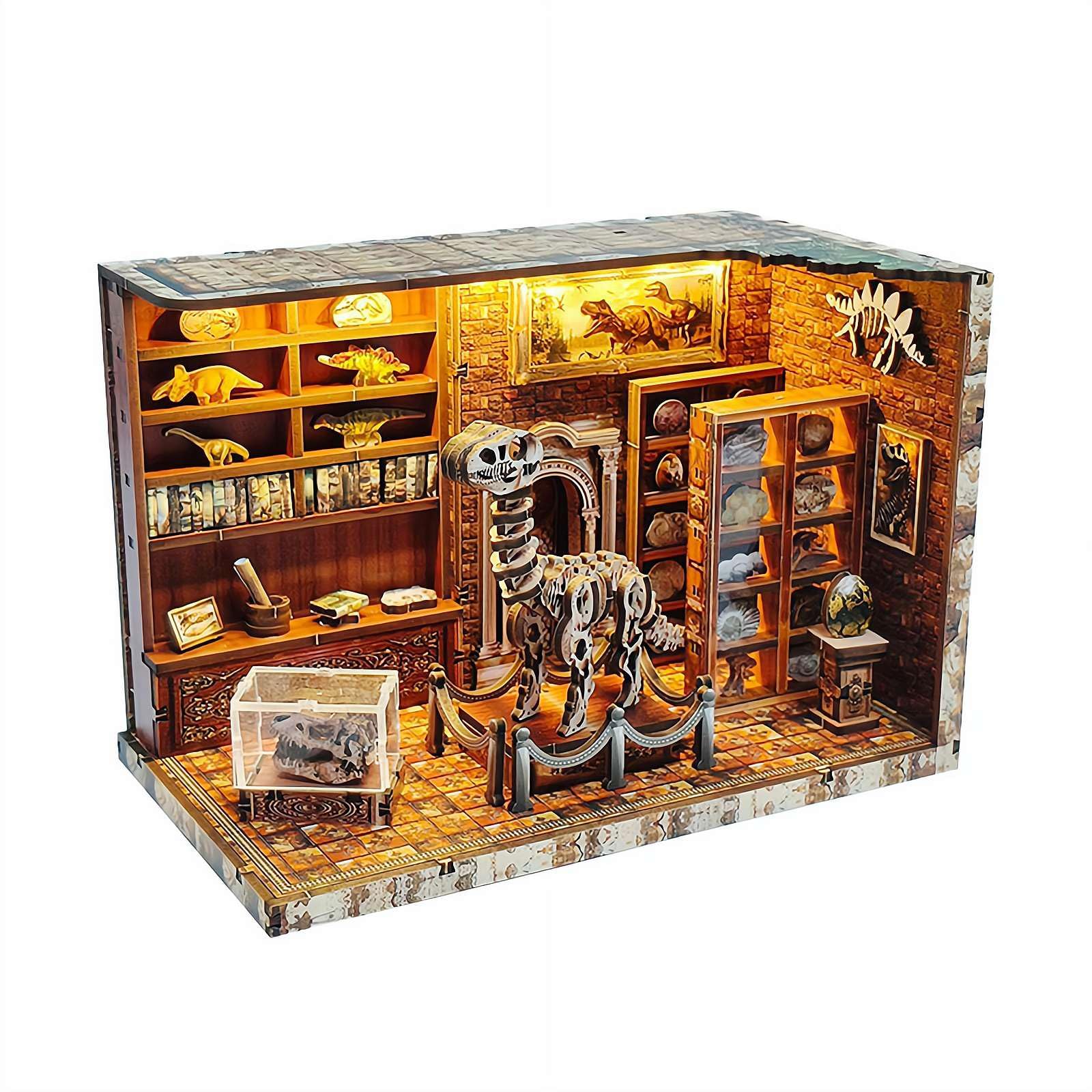 3D Wooden Puzzles for Adults, DIY Dinosaur Museum Miniature Dollhouse, Book Nook Kit, Built-in LED Model Kit Hobby Gifts for Adults Teens Home Decor