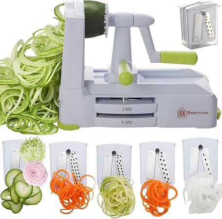 Brieftons 5-Blade Vegetable Spiralizer: Strongest-Heaviest Spiral Slicer, Best Veggie Pasta Spaghetti Maker for Low Carb/Paleo/Gluten-Free/Vegan Meals, With Extra Blade Caddy, 4 Recipe Ebooks