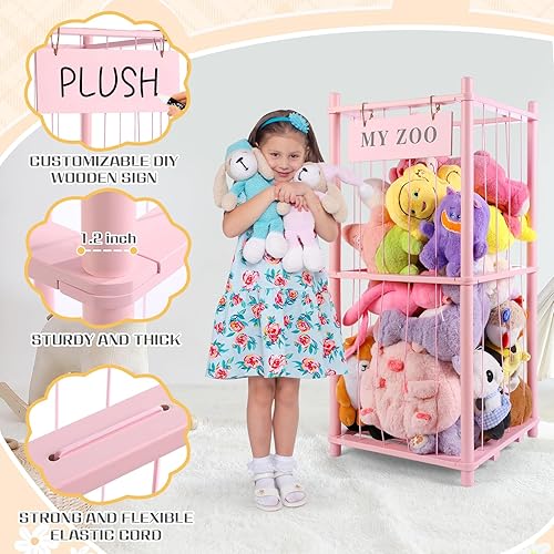 Miniatura 5 de Zoológico de almacenamiento de animales de peluche, organizador de animales de peluche de madera con cordones elásticos para niños y niñas, soporte