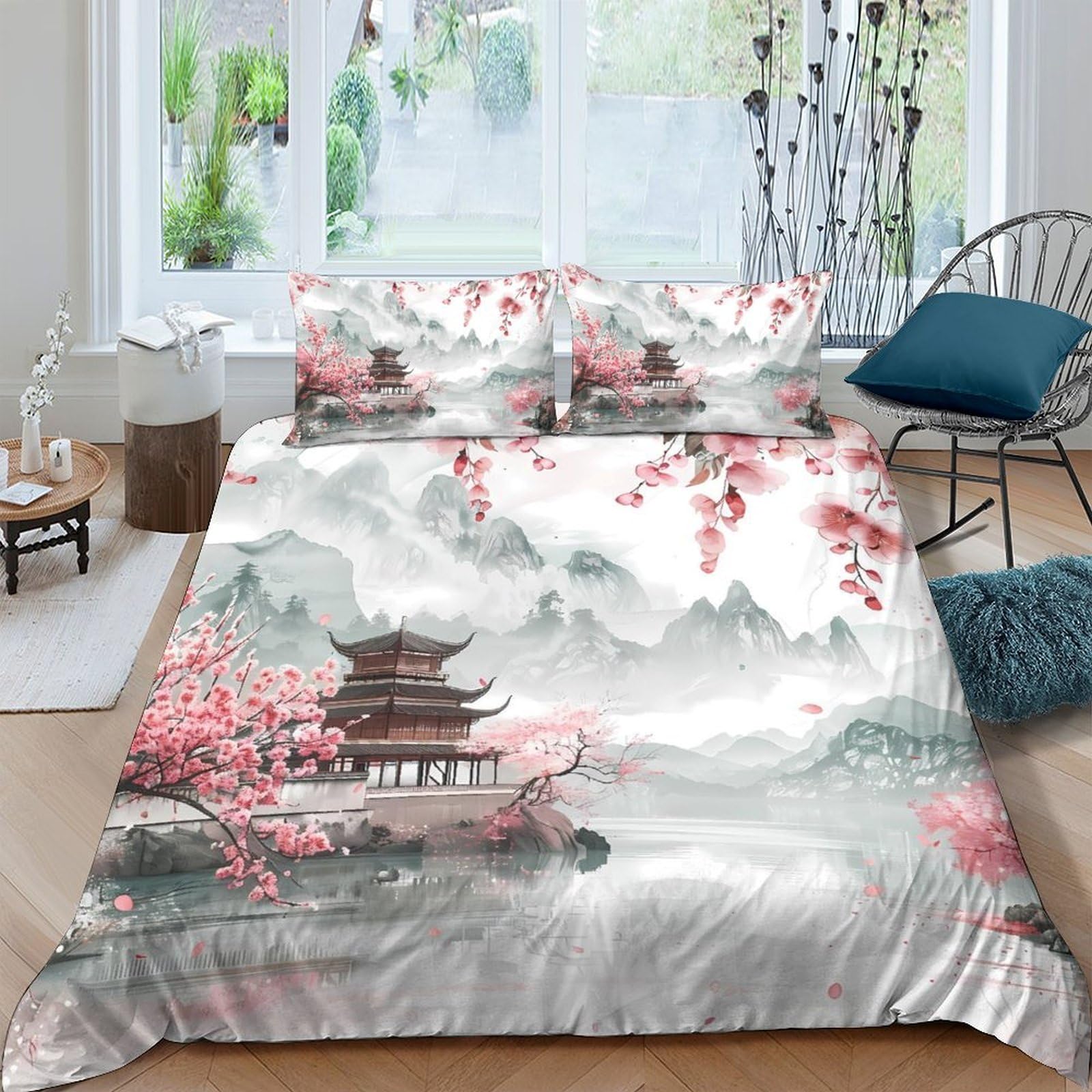 Ctjqhvkz Style-6 3D Printed Cherry Blossom Landscape Fitted Sheet Microfiber Soft Pagoda Bed Cover For Bedroom Guest Room Decor Single（135X200cm）