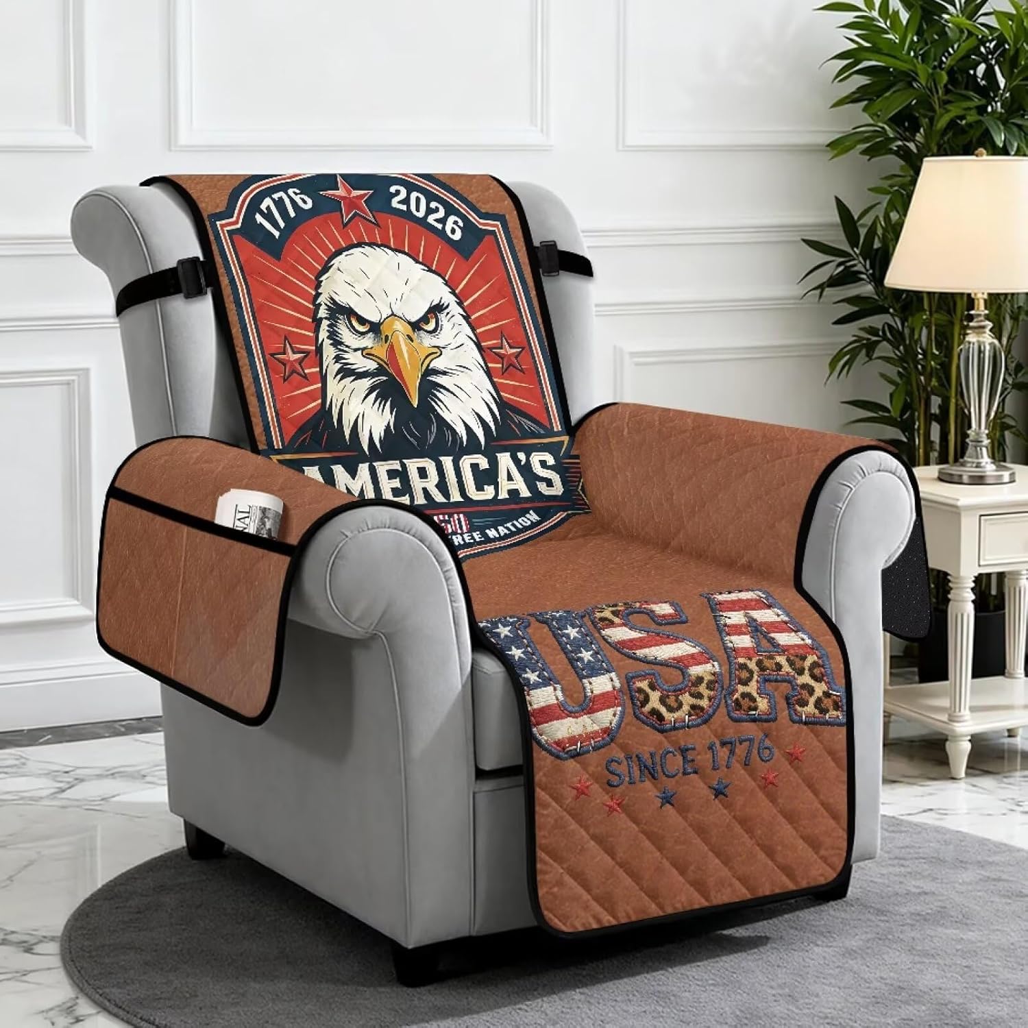 ZDCUSTOM USA Eagle 250 Recliner Cover with Non Slip Backing Patriotic Recliner Chair Covers with Elastic Band, Furniture Protector for Reclining Chairs