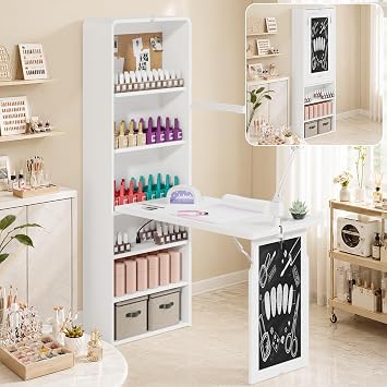 Foldable Nail Desk with Storage, Folding Manicure Table with Chalkboard