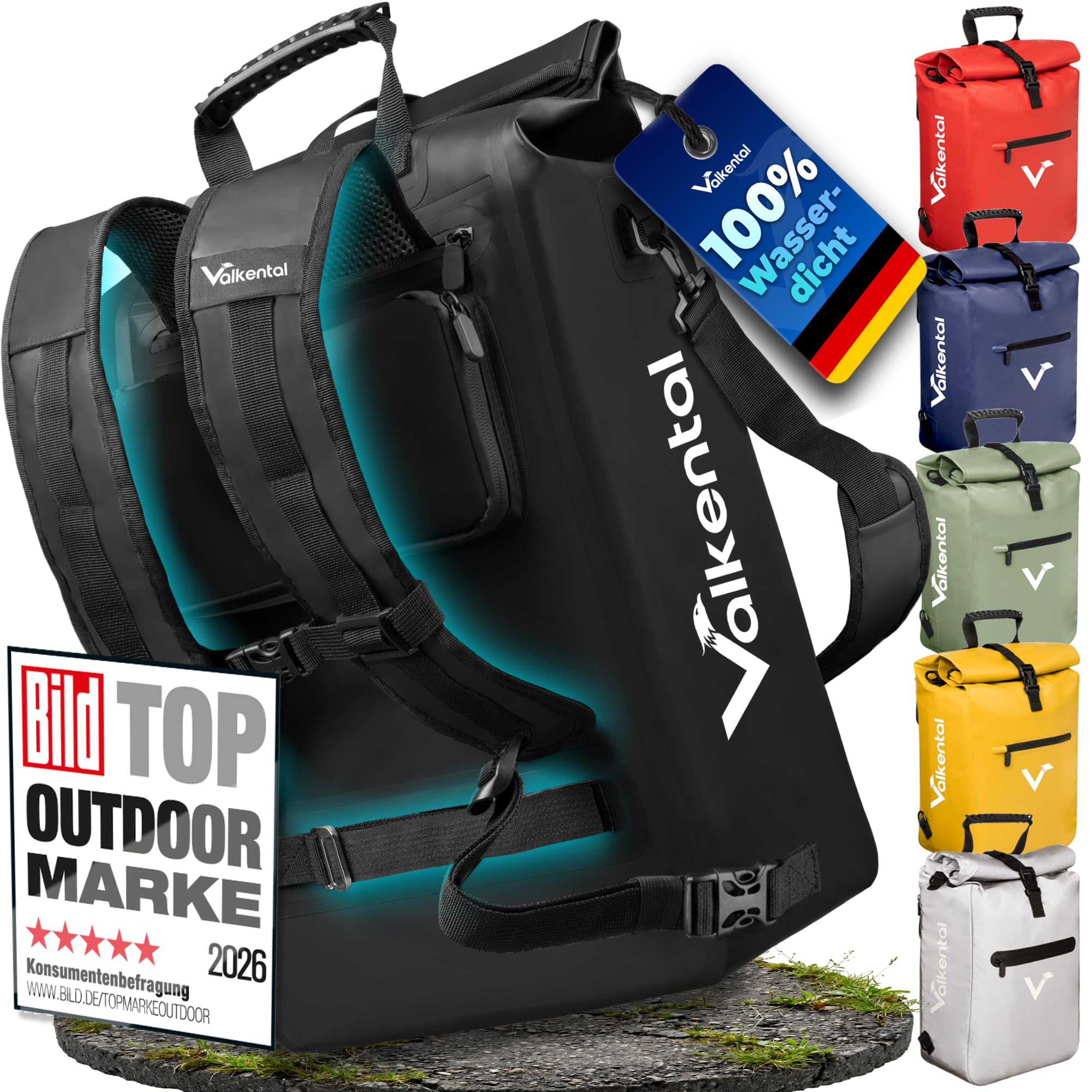 Valkental® 3in1 Fahrradtasche [Bis 25L] - Das Original - Geeignet als Gepäckträgertasche, Rucksack und Umhängetasche - 100% Wasserdicht & Reflektierend - Sichere Befestigung [Abschließbar] Laptopfach | 3in1: Gepäckträgertasche, Rucksack & Umhängetasche, bis 25L Volumen, 100% wasserdicht, abschließbar, mit Laptopfach