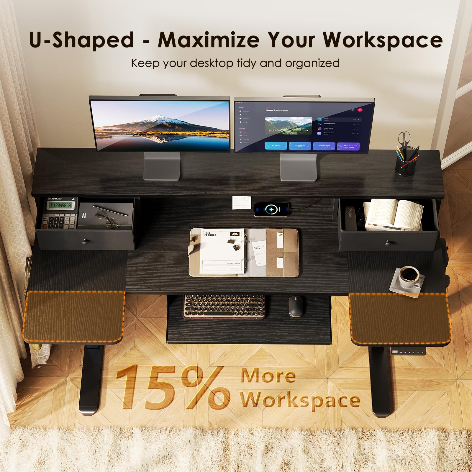 OffiGo U Shaped Electric Standing Desk with Drawers 55 Inch Height Adjustable Desk with Keyboard Tray Ergonomic Monitor — view 6