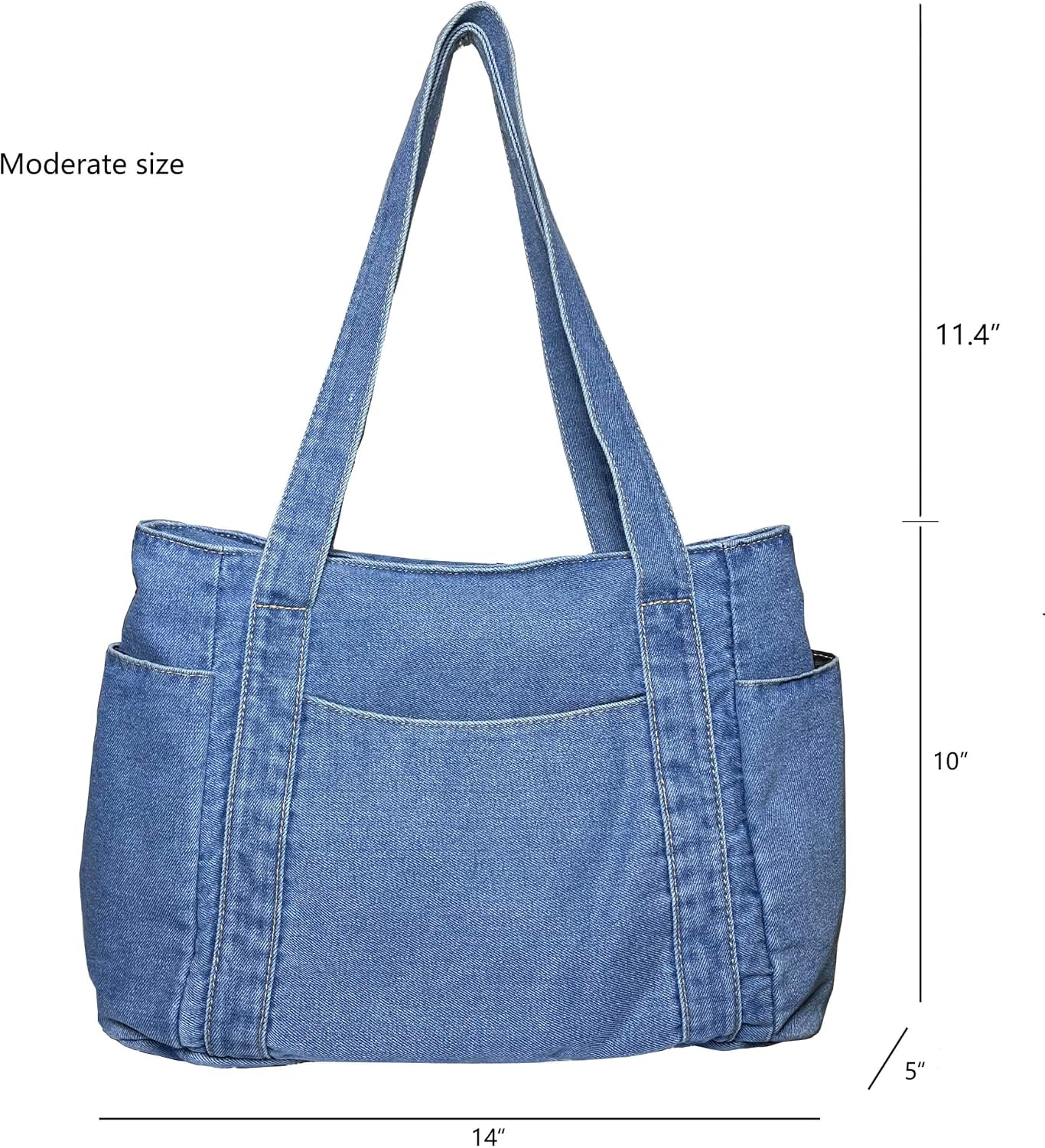 Casual Denim Tote Bag, Multi Pocket Purse for Women,Canvas Handbag, Light Blue