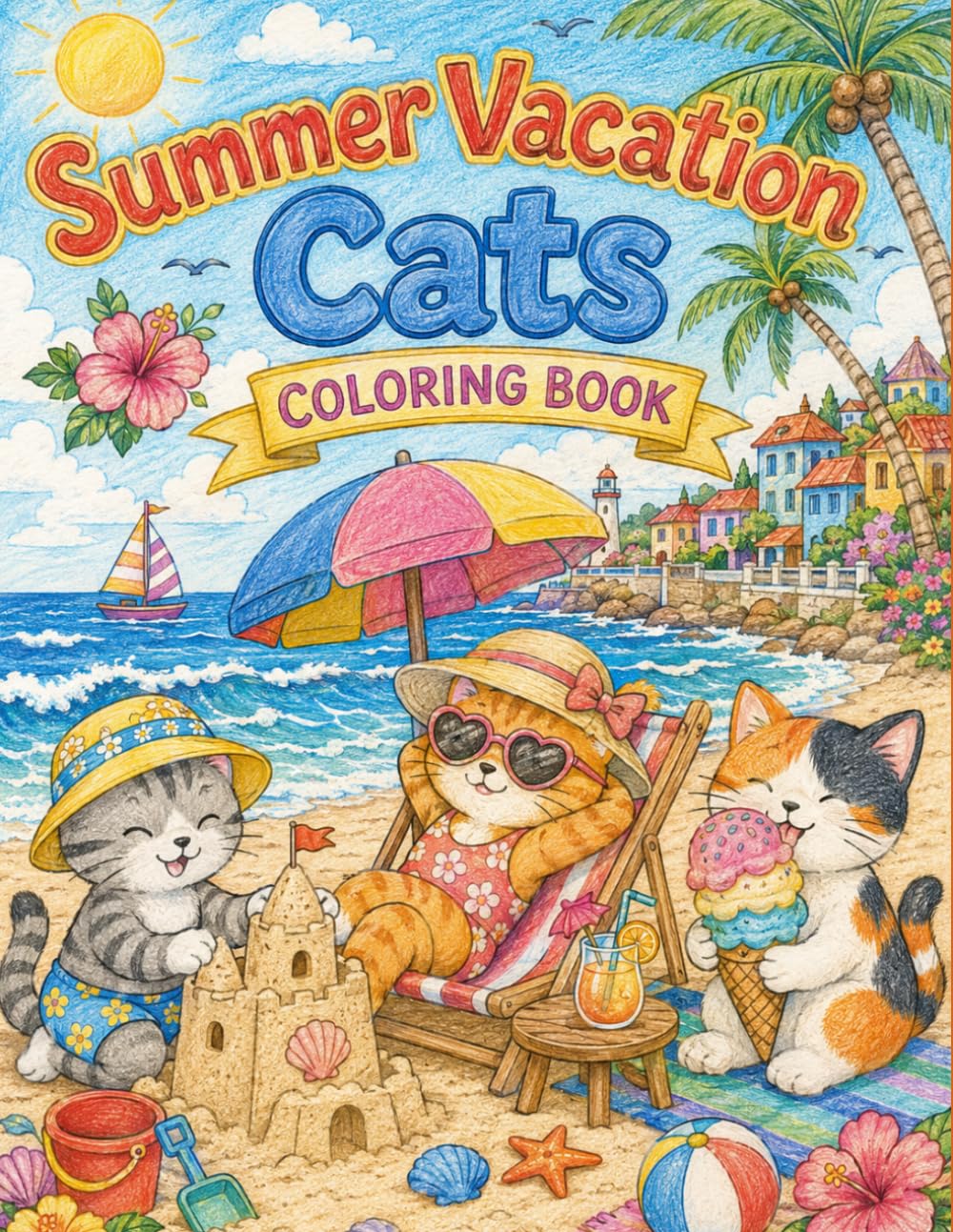 Summer Vacation Cats Coloring Book: Fun and Easy Beach, Camping, Adventure and Vacation Scenes for Relaxation and Stress Relief