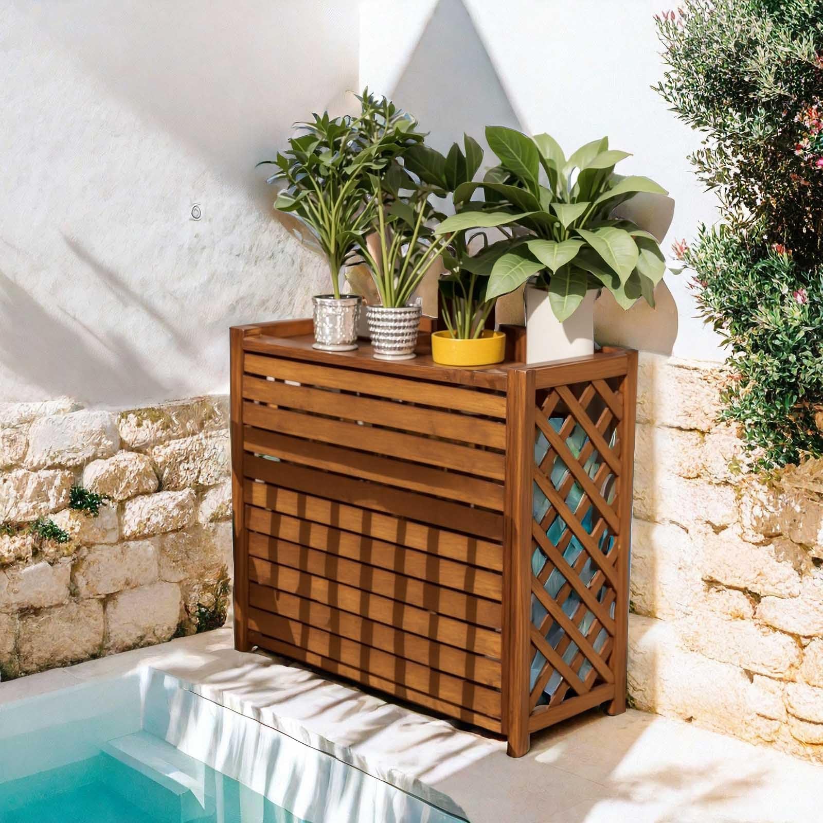 Cubierta de valla de madera rústica marrón para unidad de aire acondicionado al aire libre, escudo grueso de protección contra la intemperie para jardines y patios, diseño duradero y elegante