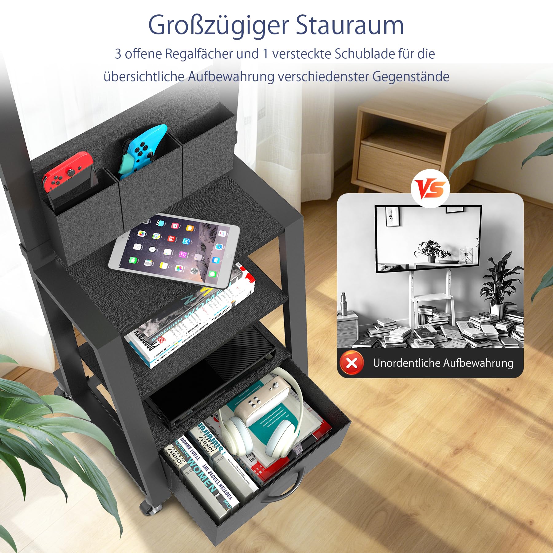 Rollbarer TV-Ständer mit Schublade & 3 Ablageflächen für 23"-60" Flach/Curved TV bis 723kg (LCD/LED/OLED), Chariot de TV Mobile, für Zuhause, Büro und Außenbereich, max VESA 400x400 mm, Schwarz