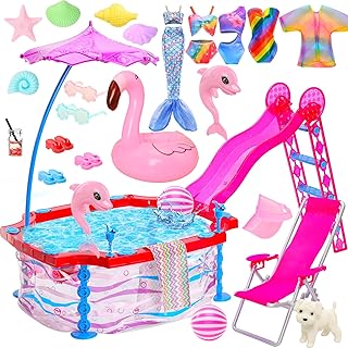 ENOCHT 46 Pcs Doll Pool Playset, Doll Pool with Slide Accessories Includ...