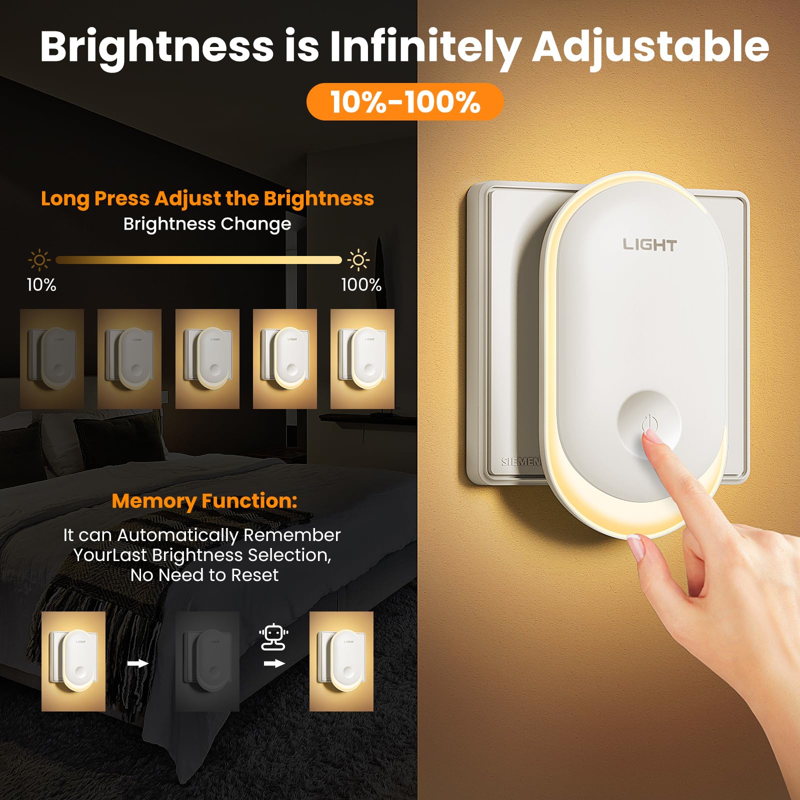 Tyreses Luce Notturna, [2 pezzi], Presa di Luce Notturna con Sensore Crepuscolare, Luminosità Regolabile in Continuo, Bianco Caldo, Adatta per Camera dei Bambini, Corridoio, Tromba Delle Scale