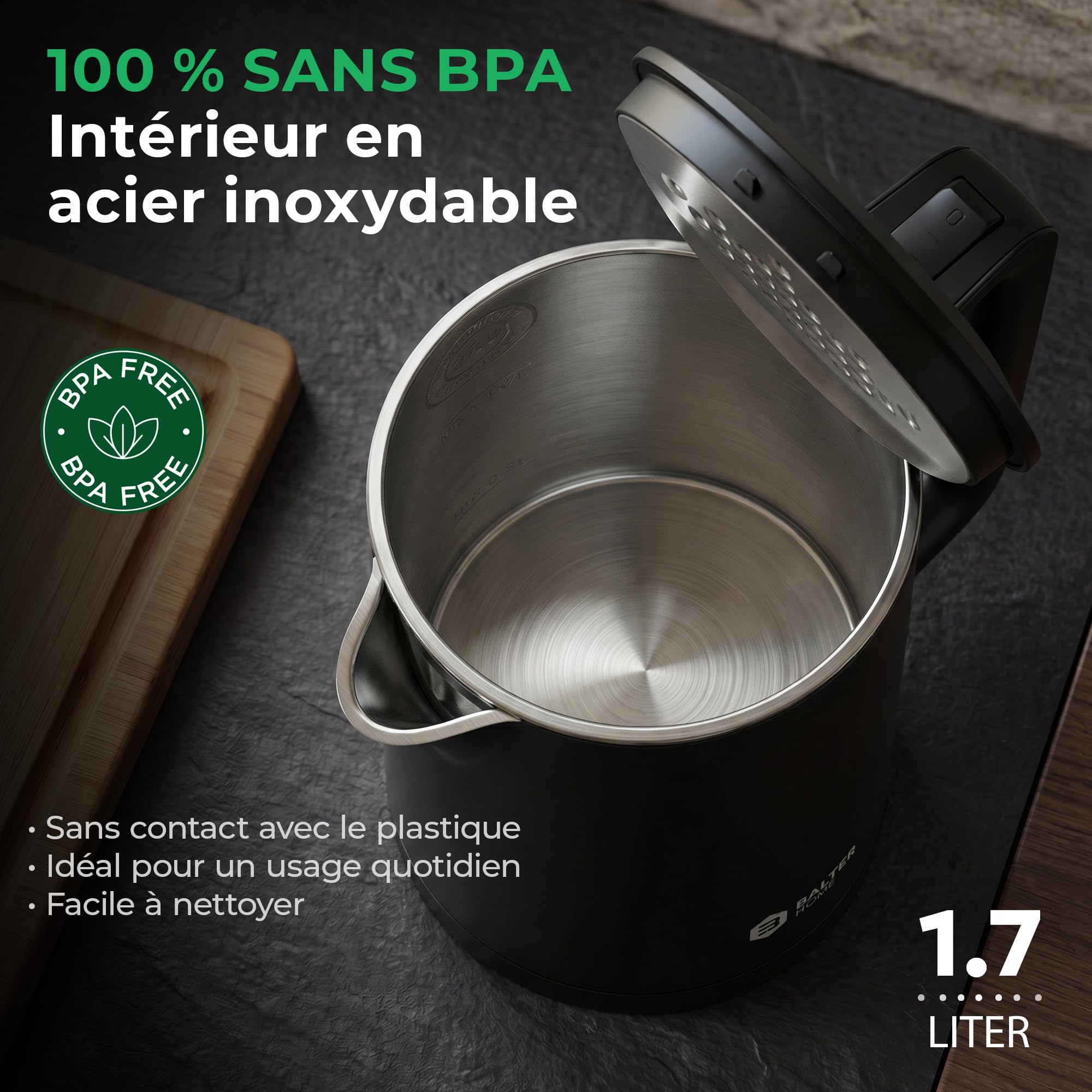 Balter Bouilloire électrique, Bouilloire inox, 1,7 l, design à double paroi, kettle, sans BPA, LED, silencieuse, noire
