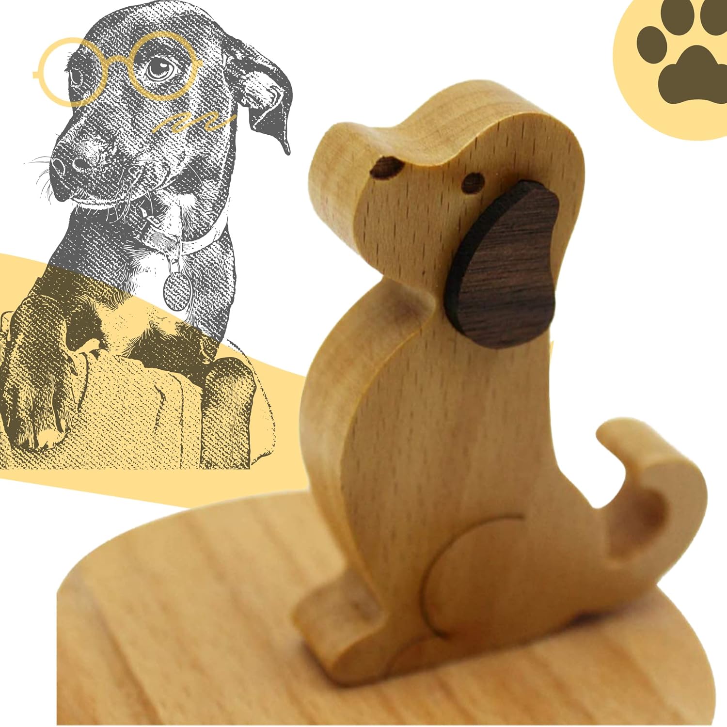 Cell Phone Tablet Wooden Stand Dock Holder Cradle Mount Organizer Charger Station Table Desk Room Office School Kitchen Non-Slip Wood (Dog)