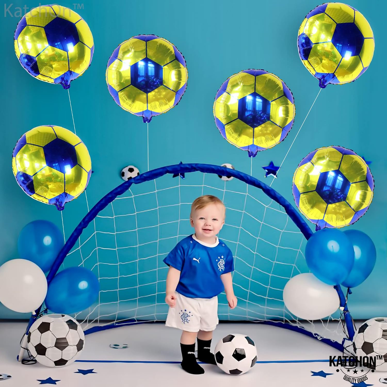 KatchOn, Yellow and Blue Soccer Balloons - 18 Inch, Pack of 6 | Soccer Birthday Party Decorations, Sports Themed Party Decorations | soccer decorations For Party With Blue and Yellow Balloons