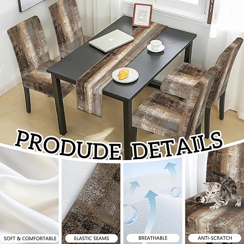 Miniatura 2 de MCALK Juego de 4 fundas para sillas color marrón y mantel para mesa, fundas elásticas grises para sillas de cocina, protectores de silla extraíbles