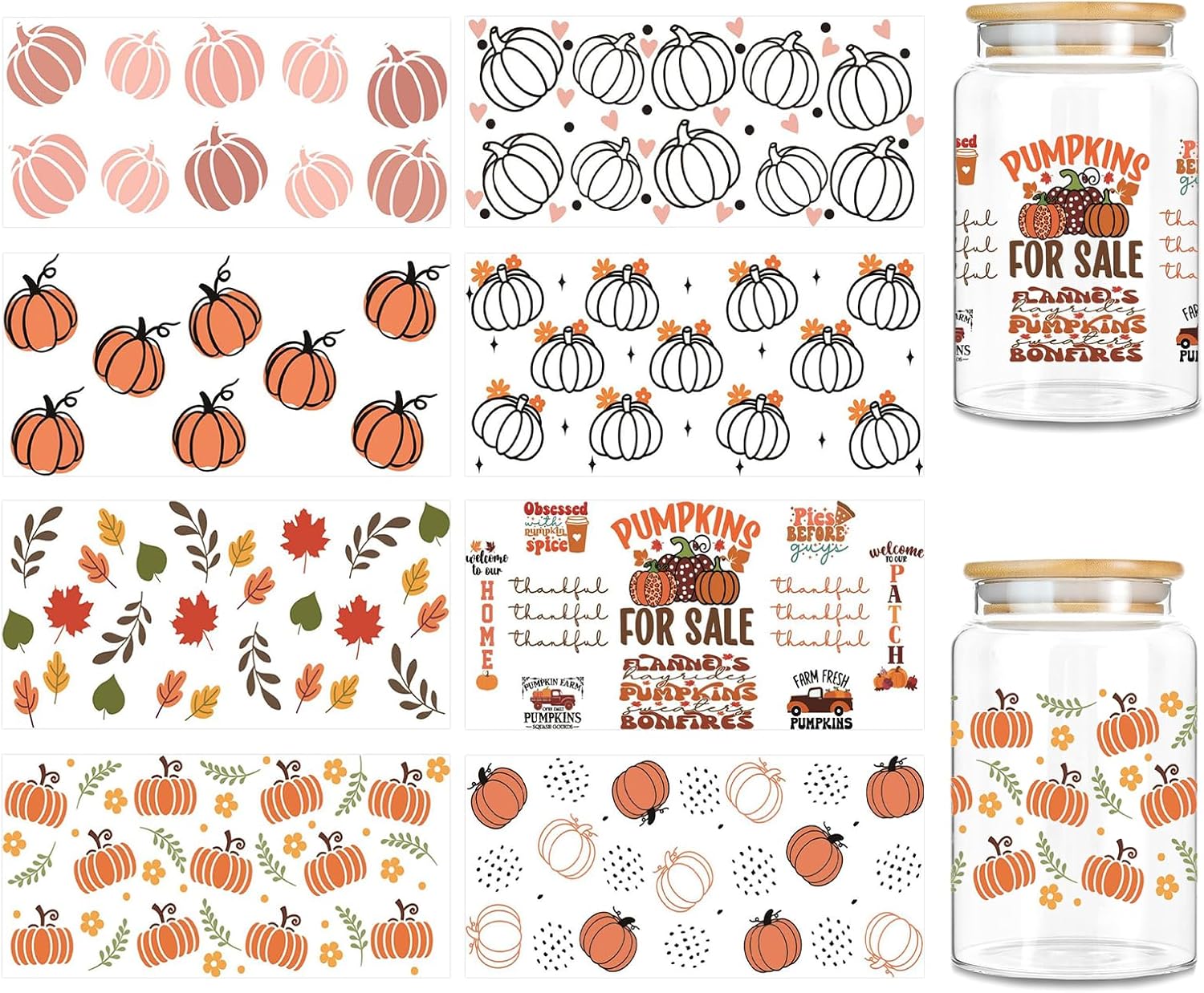 8 Sheet UV DTF Cup Wraps for 16 Oz, Psummer vibes DTF Cup Wraps for Glass Cups Waterproof Cute Fall UV DTF Stickers Teacher Rub On Transfers for Girls Glass Cups Tumblers DIY Crafts Gifts Decorations Autumn Pumpkin