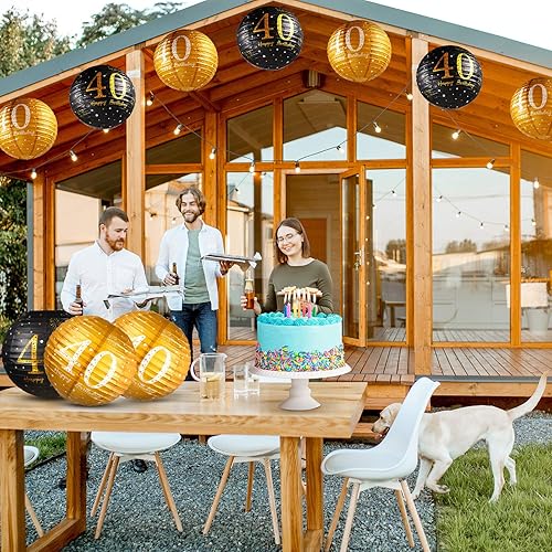 Miniatura 6 de Blulu 6 piezas de decoración de fiesta de cumpleaños, faroles de papel colgantes negro dorado brillante decoración de aniversario para hombres,