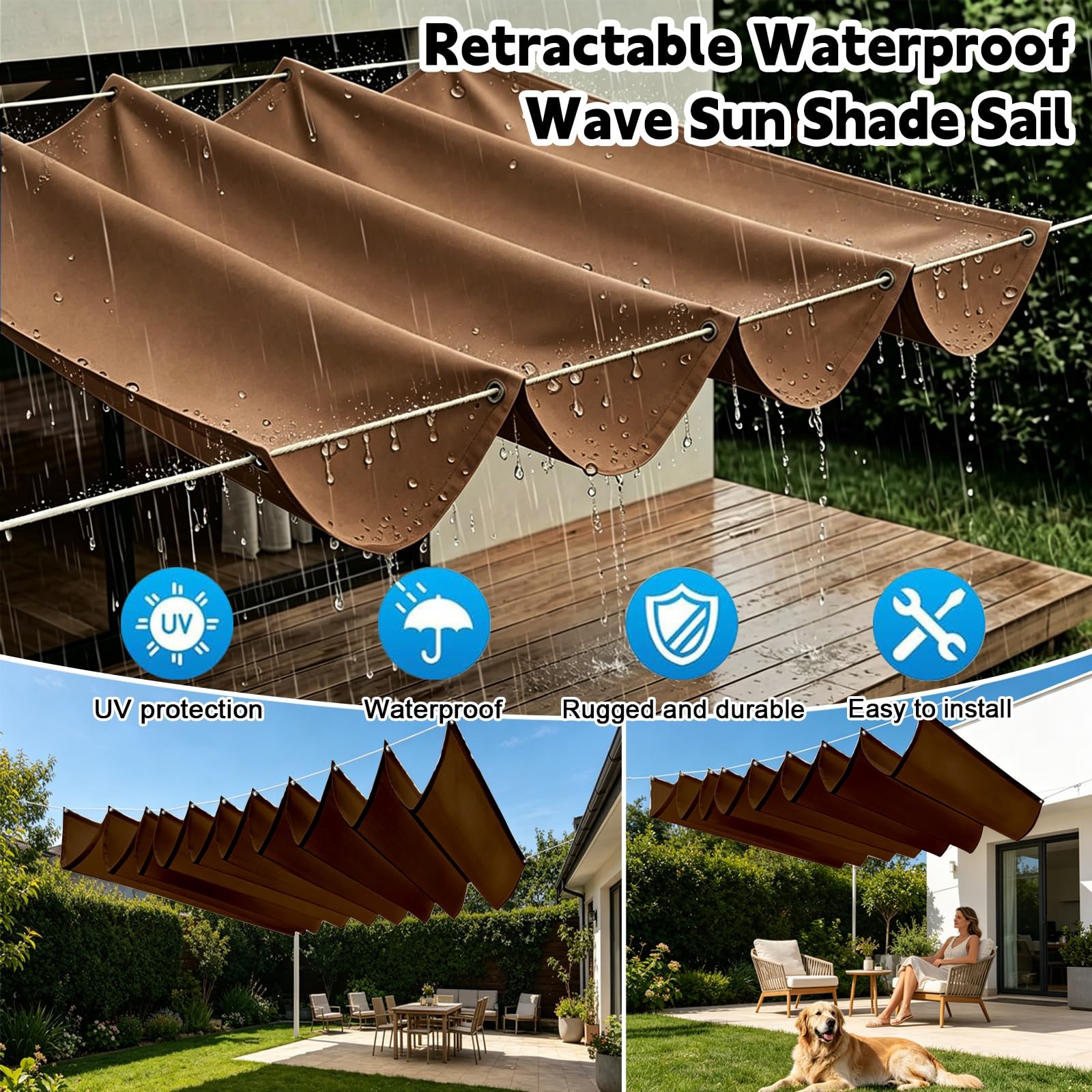Toldo Retráctil de Onda 100 x 1250 cm con Ojales y Cuerda, Vela Sombra Impermeable y Rectangular con Bloqueo UV y Resistencia a Desgarros para Jardín Porche Patio Barbacoa, Marrón