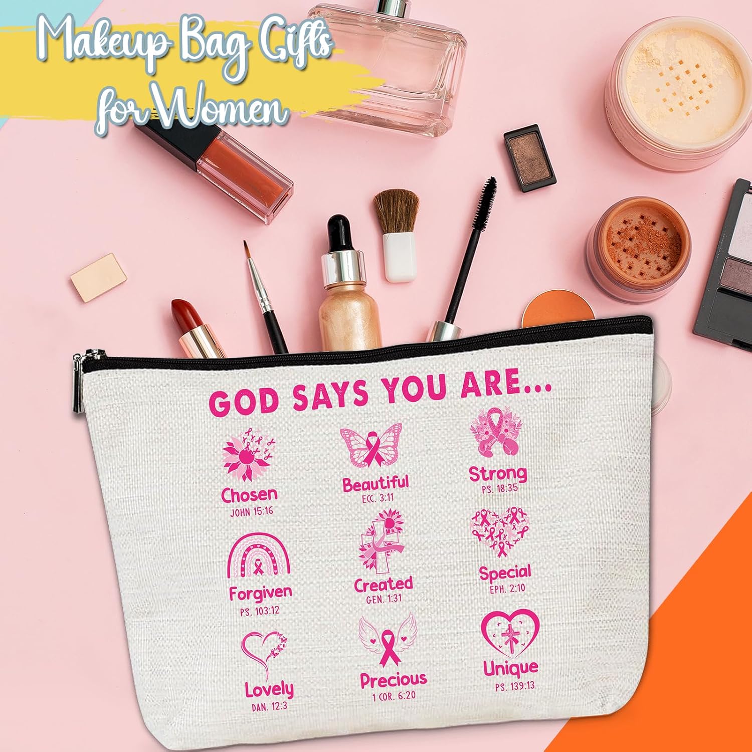 Breast Cancer Survivor Gifts - Pink Ribbon Inpisrational Quotes Makeup Bag with Zipper, Breast Cancer Awareness Care Get Well Soon Gifts for Women Girls Cosmetic Bag - Image 3