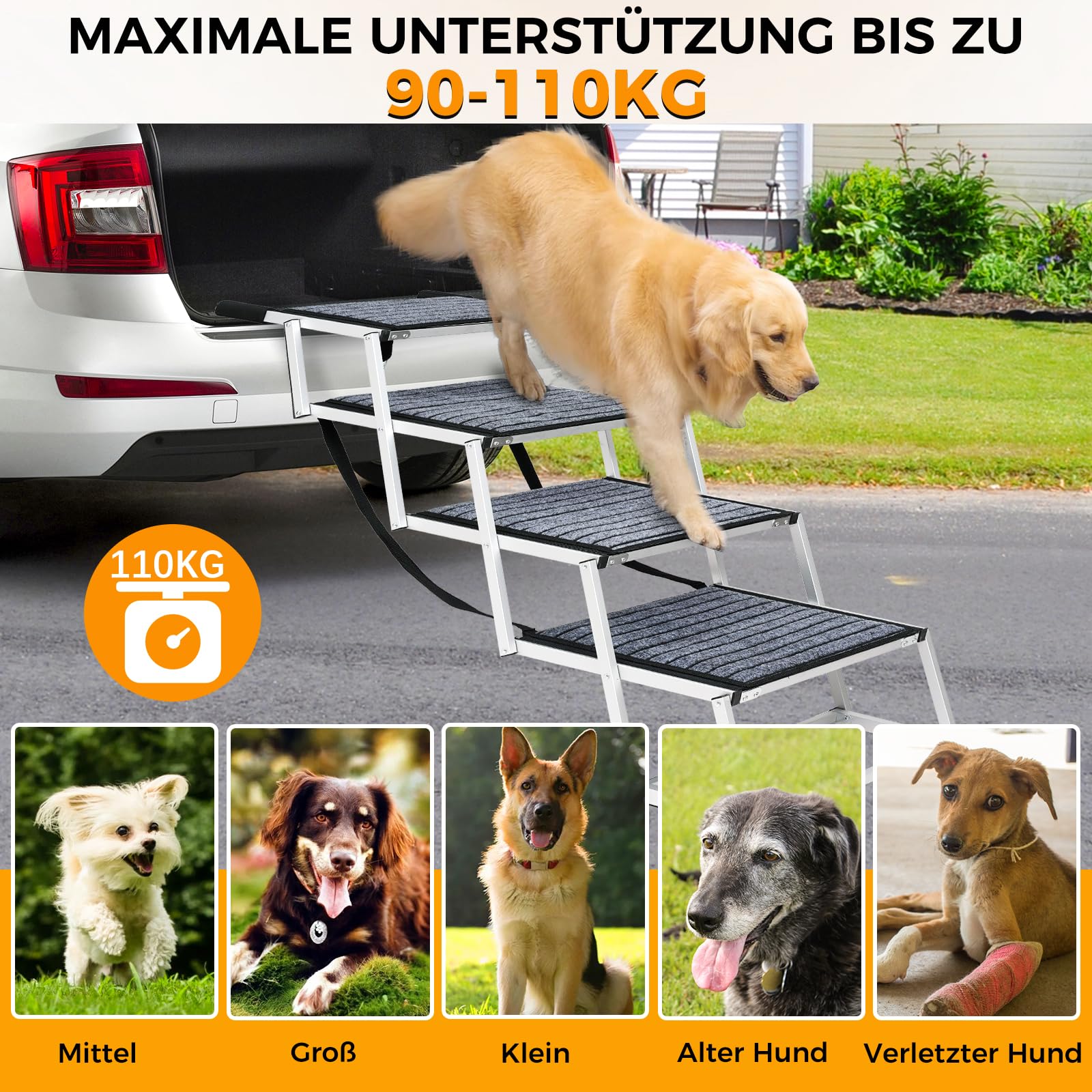 Hundetreppe Auto Für Große Hunde mit Teppich, Extra Breit 4 Stufen Hunderampe Auto Klappbar,Leichte Hunderampe Auto Klappbar, rutschfeste Hundetreppe für Lastwagen und SUV, Unterstützung bis 100 KG
