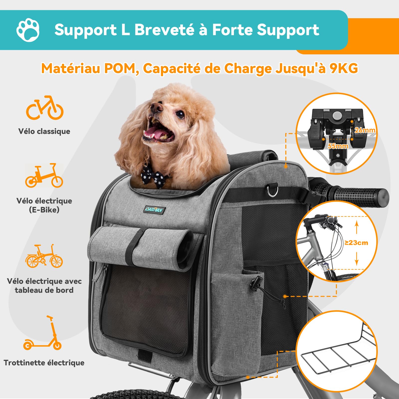 DAISTERN de BSWAY Panier Vélo Avant pour Chien Chat avec Support Ultra-Robuste en L Φ55mm, Sac de Transport 4 en 1 jusqu'à 9KG, Respirant, Bande Réfléchissante, Coussin Confortable Imperméable