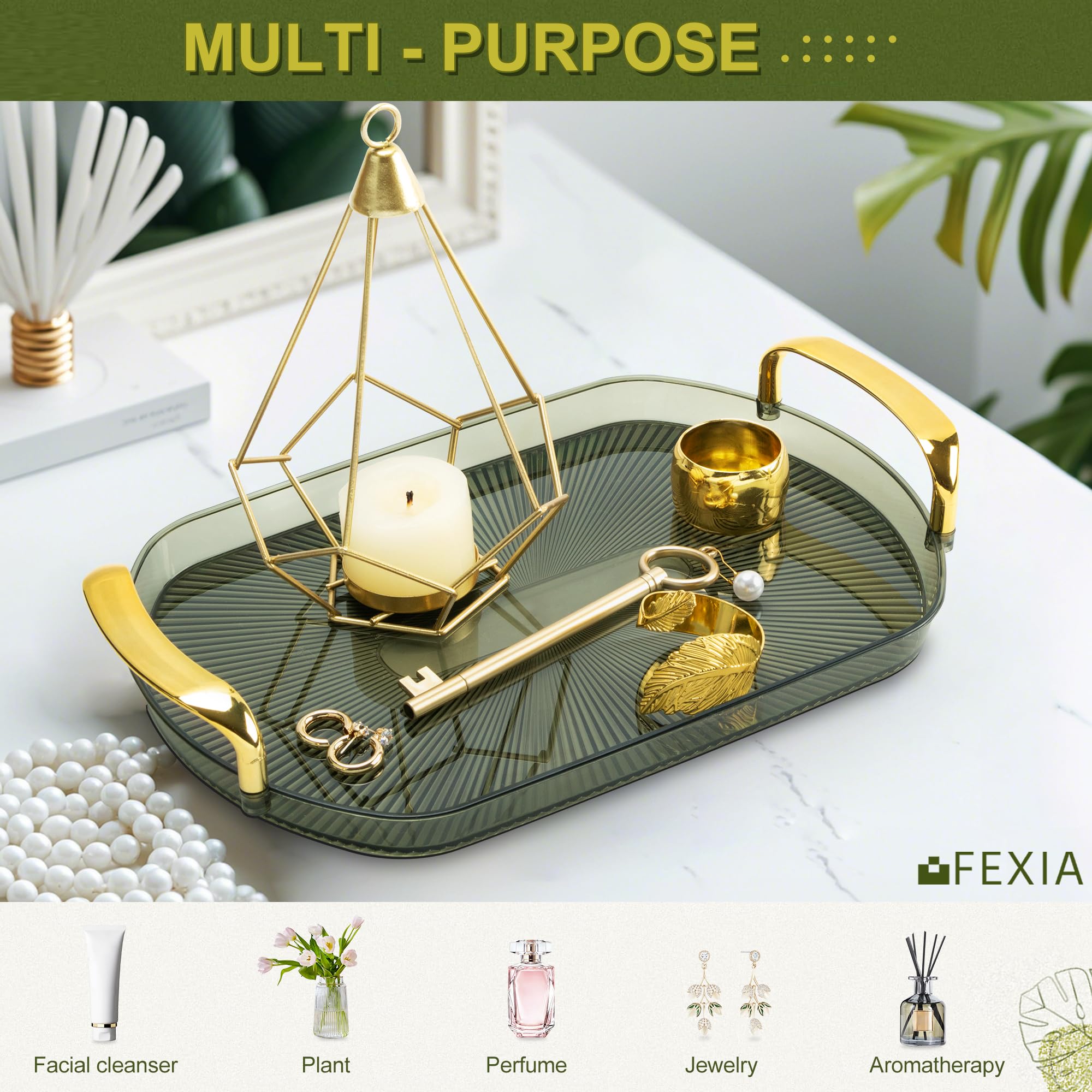 Juego de accesorios de baño verdes, 5 piezas, decoración de baño verde con bandeja de tocador decorativa para decoración de baño bohemia, dispensador de jabón, soporte para cepillos de dientes 4