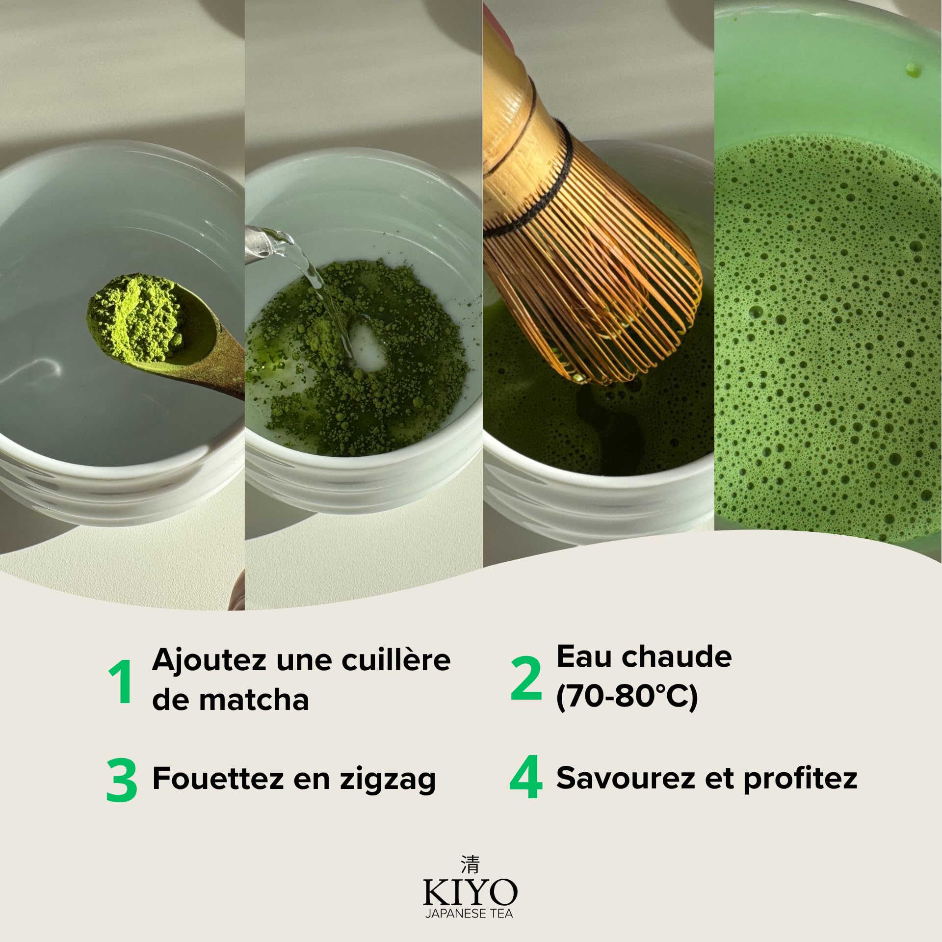 KIYO Kit Matcha Complet Blanc – Fouet Chasen 100 Brins, Bol Chawan Céramique, Cuillère & Support | Matcha Cérémonial Japonais | Coffret Cadeau Premium