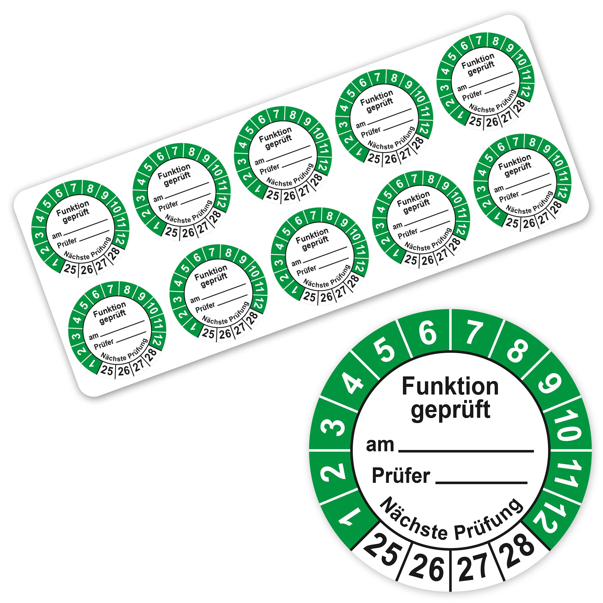 Prüfplaketten Funktion geprüft am durch nächste Prüfung mit Platzhalter ⌀30mm Prüfaufkleber 2025-2028 Prüfetiketten Vinyl Aufkleber Plakette selbstklebend wasserfest LTB011 (100)