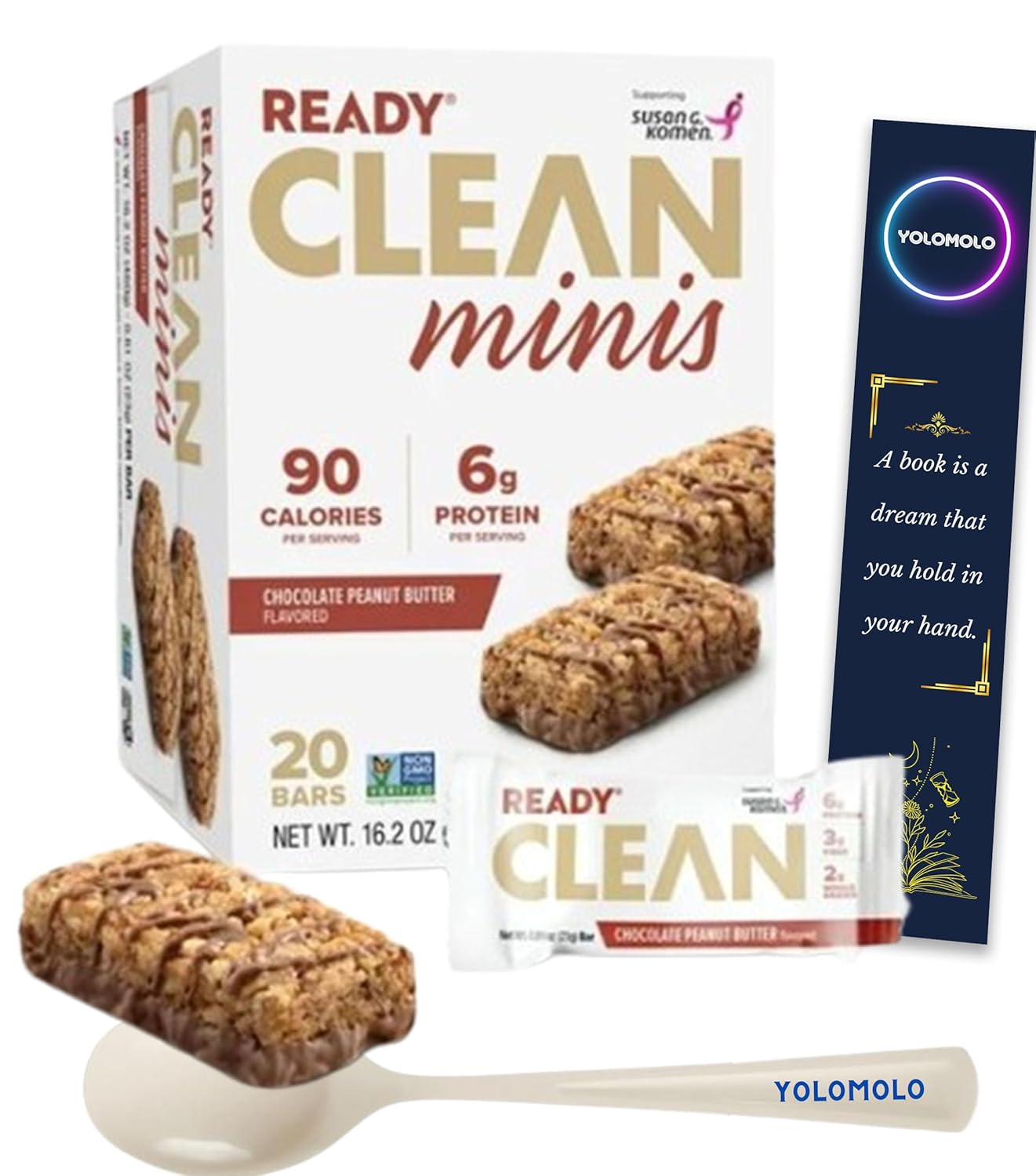 YOLOMOLO Protein Bar, Chocolate & Peanut Butter, 20 Count Mini Bars ang bookmark gift