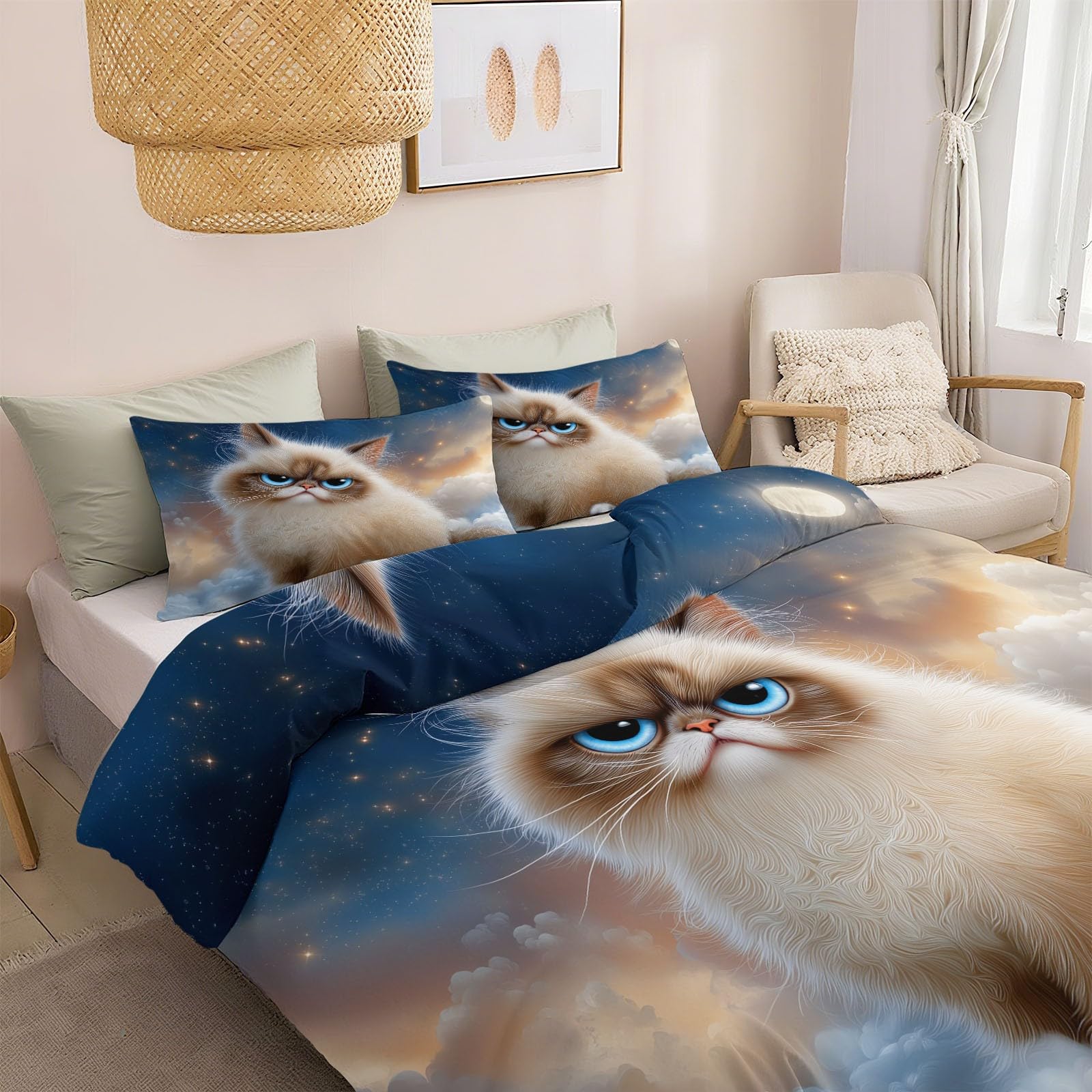 Zestawy poszewek na kołdrę z nadrukiem, dwustronny zestaw pościeli 260 x 220 cm, fantazyjne zwierzęta zły kotek poszewki na kołdrę z pasującymi poszewkami na poduszki 50 x 75 cm dla kobiet dorosłych