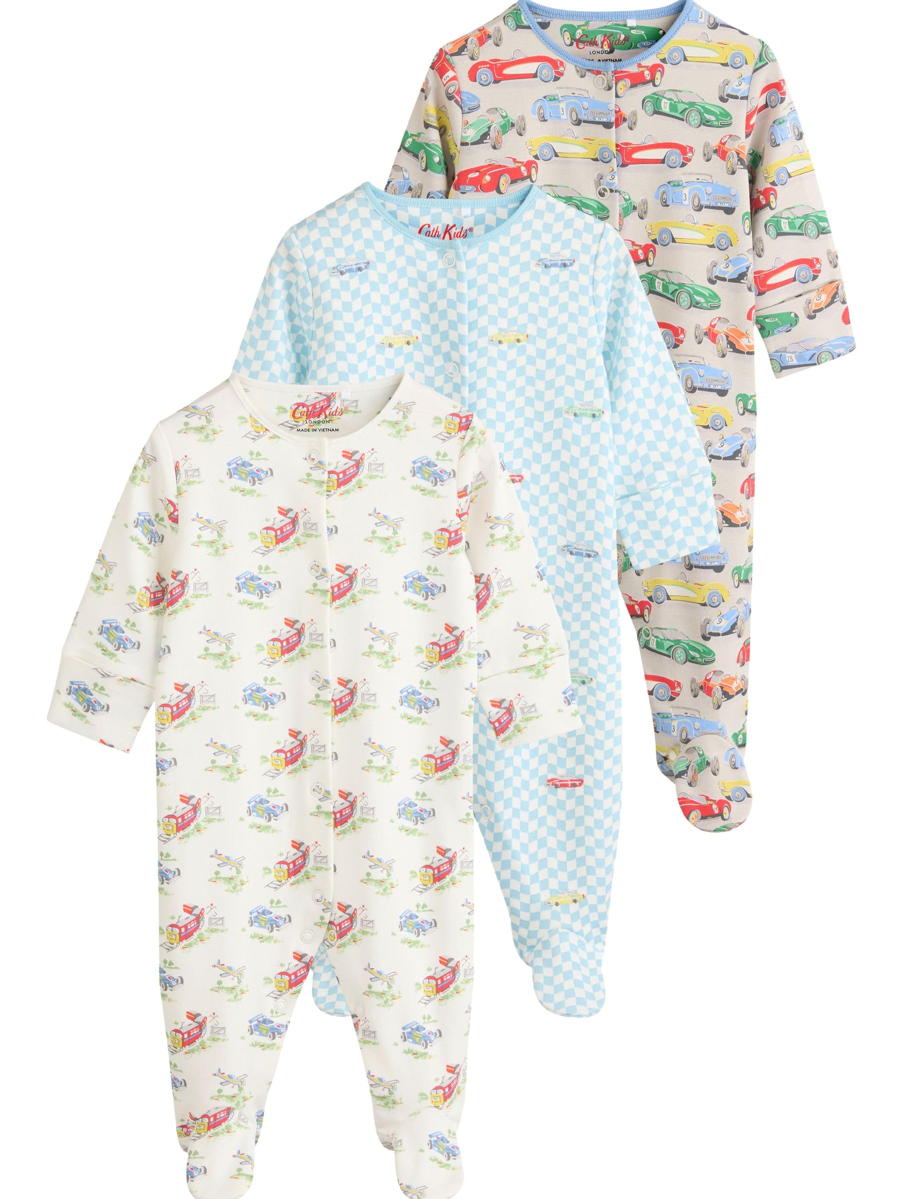 NEXT Bambini Cath Kidston - Confezione da 3 Tutine per Neonati in 100% Cotone con macchinine