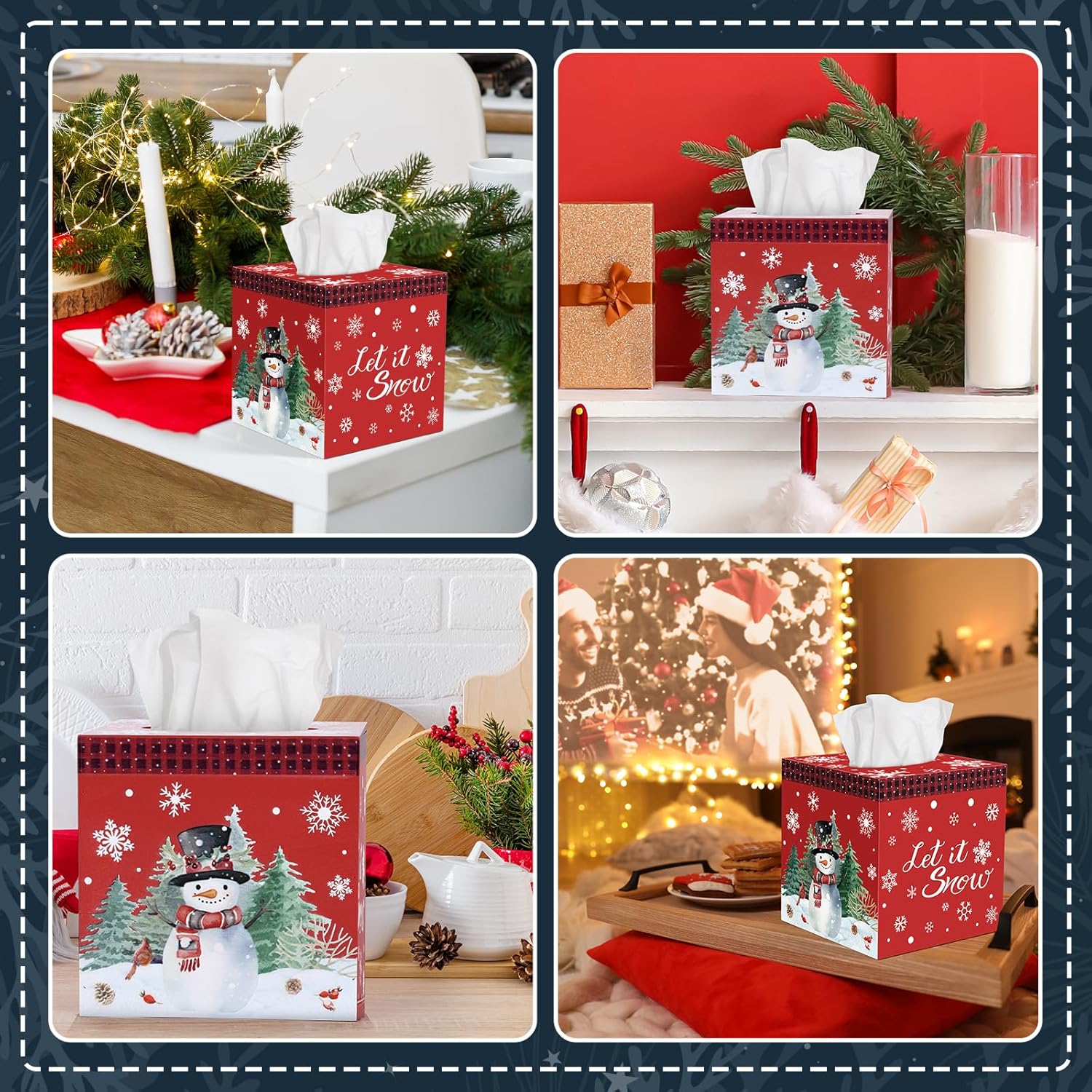 2 Pcs Christmas Tissue Box Cover 6 x 6 x 6 Inch Wooden Snowman Decorative Tissue Box Holder Square Paper Towel Holder Cube Boxes Funny Cube Case for Home Christmas Party Decorations Supplies