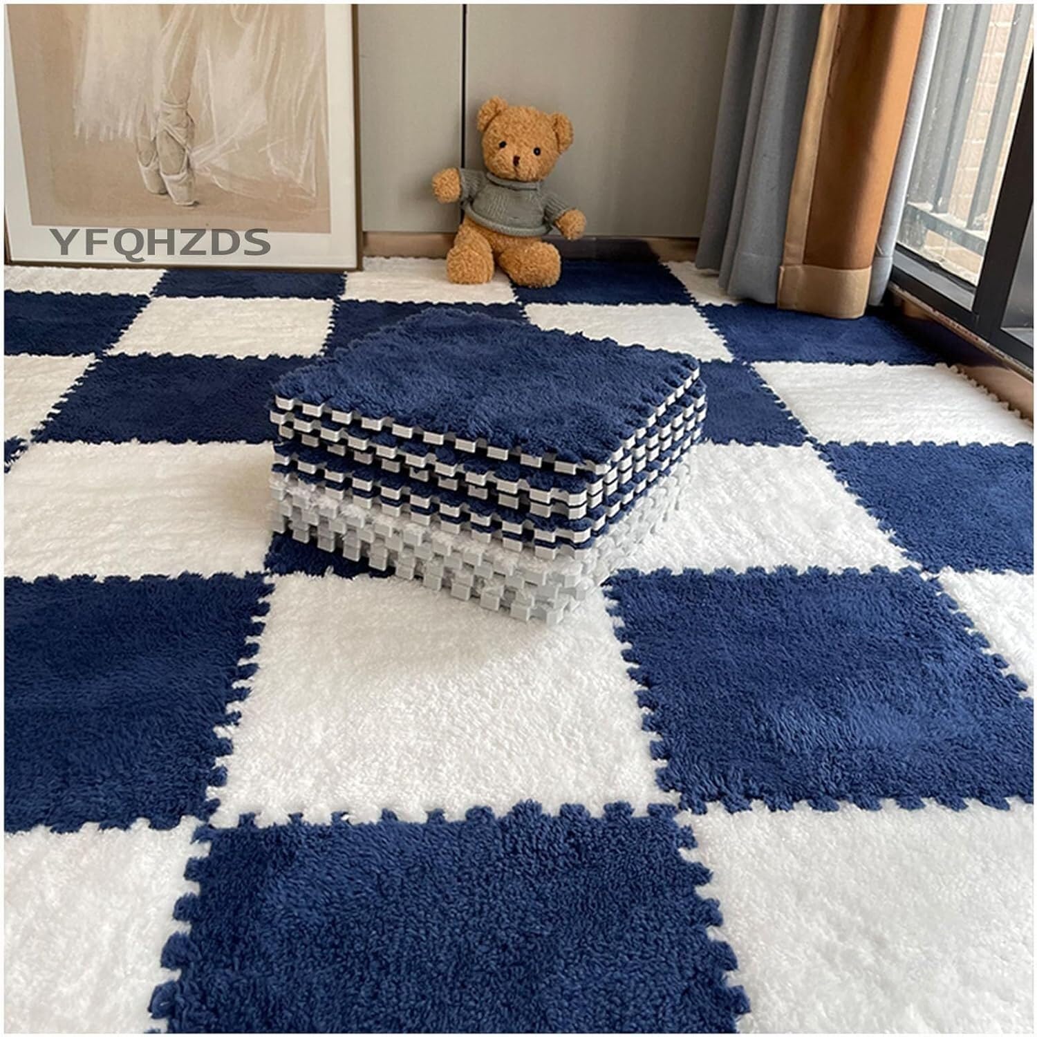 JvFbjLF Plush Foam Floor Mat 30pcs 30&60cm Square Puzzle Rugs Interlocking Foam Tiles(White+Navy Blue,30x30x0.6cm)