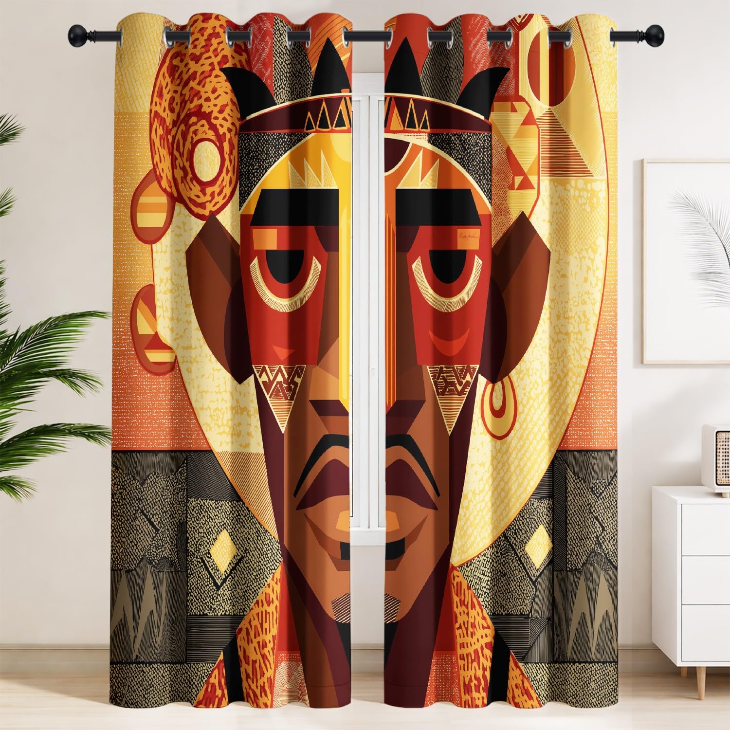 Generico Tende Oscuranti per Amante Dell’Arte, Tribale Personaggi Simboli, Marrone, Stile Africano, Tenda Microfibra con Anelli per Interni Camera da Letto Soggiorno L 140 x A 260 cm, 2 Pezzi