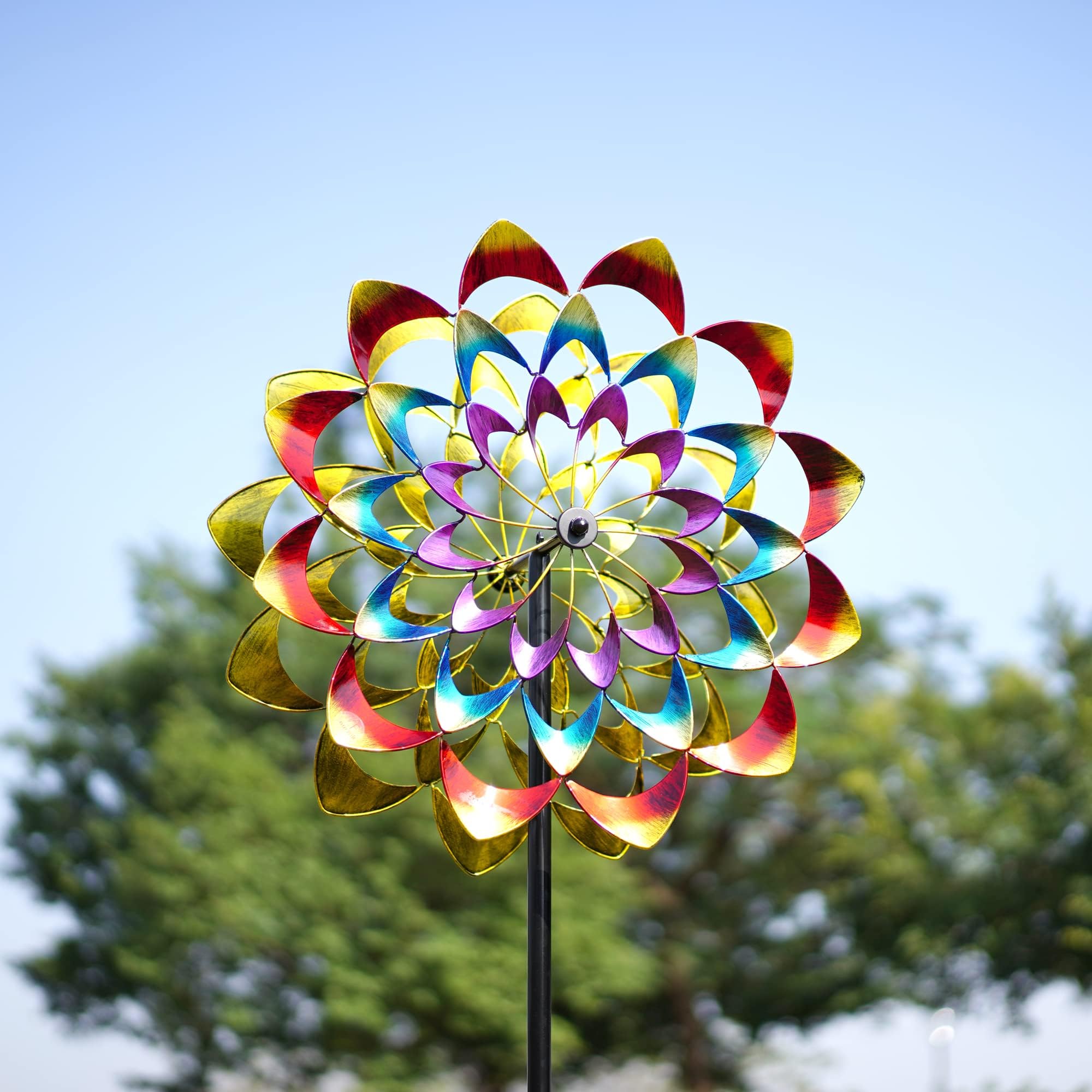 Horflik Solar Wind Spinner, 84 Inch Metal Garden Decor with Multi Color Changing LED Solar Powered Glass Ball Wind Sculpture Spinner Windmills for Yard Patio Outdoor Decoration (Rainbow-Colorful)