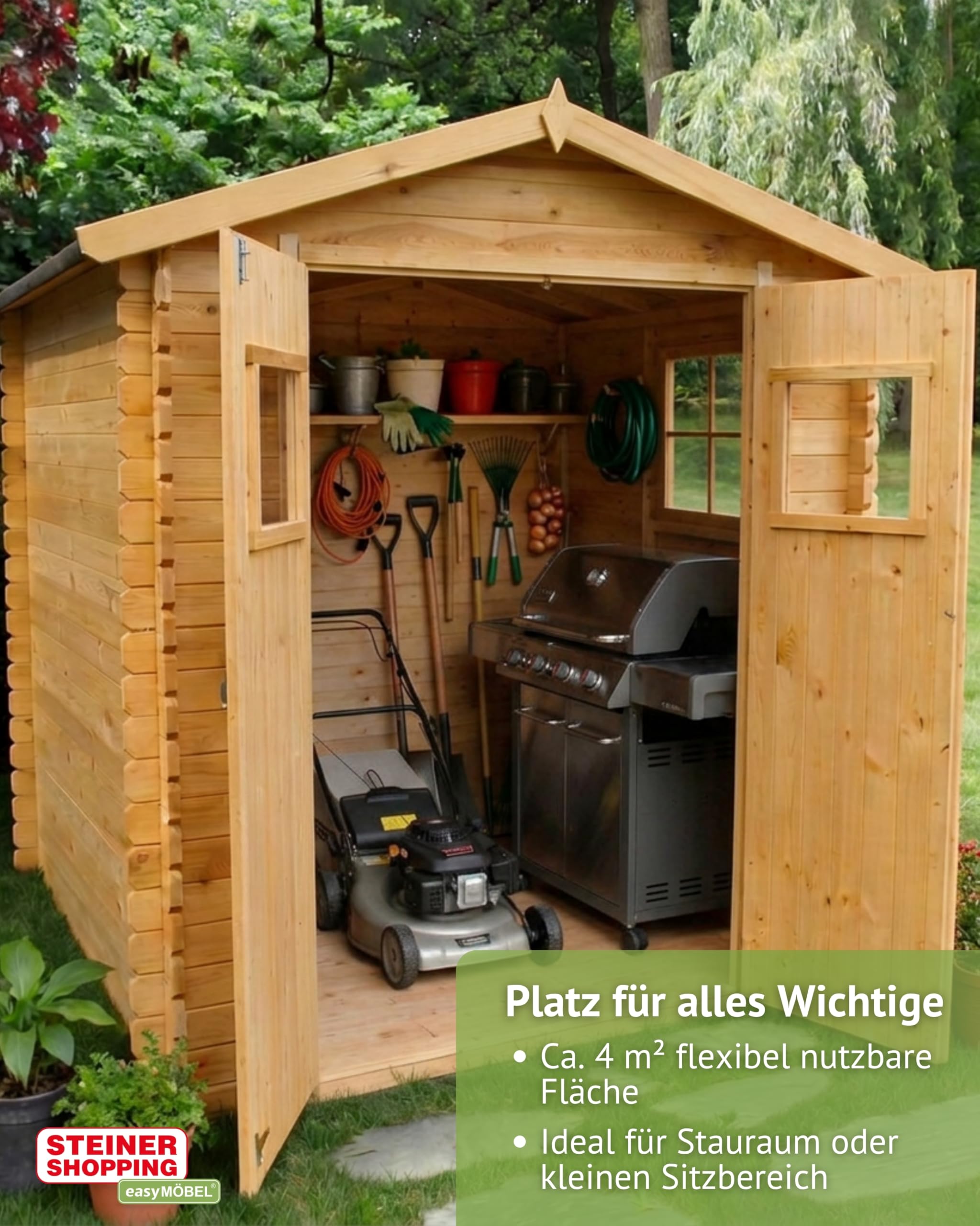 Steiner Shopping Gartenhaus Wien 19 mm I Holz 200x200 cm I Blockbohlen Gartenhaus mit Doppeltür I Gerätehaus Holz groß für 4 m² Nutzfläche I Robuster Geräteschuppen für Gartengeräte