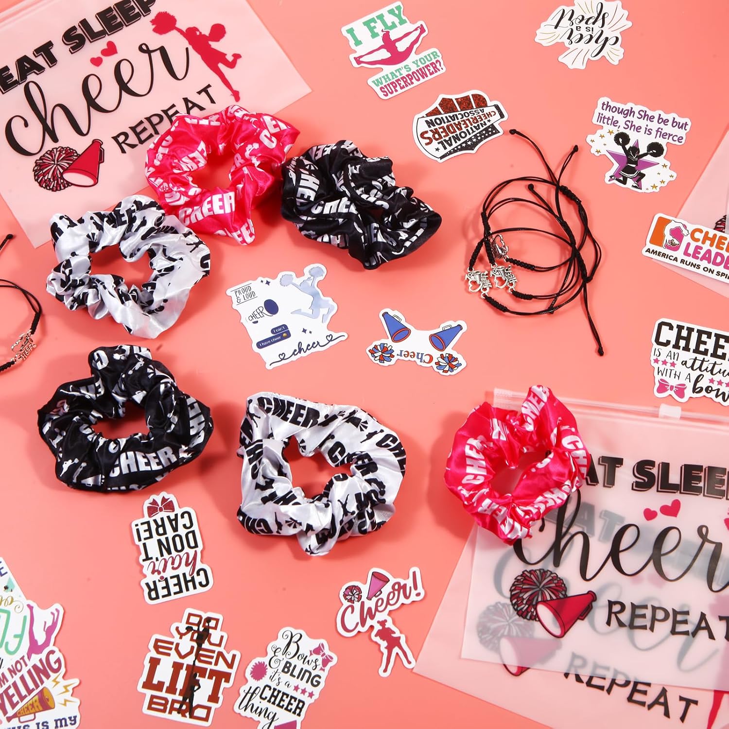 160-Piece Cheerleader Party Favor Set: 20 Cheer Scrunchies, 20 Bracelets, 20 Makeup Bags, 100 Stickers for Sports-Themed Parties - Image 4
