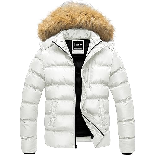 Pursky Men's Puffer Jacket Waterproof Winter Bubble Coats Ski Parka Fur Hooded