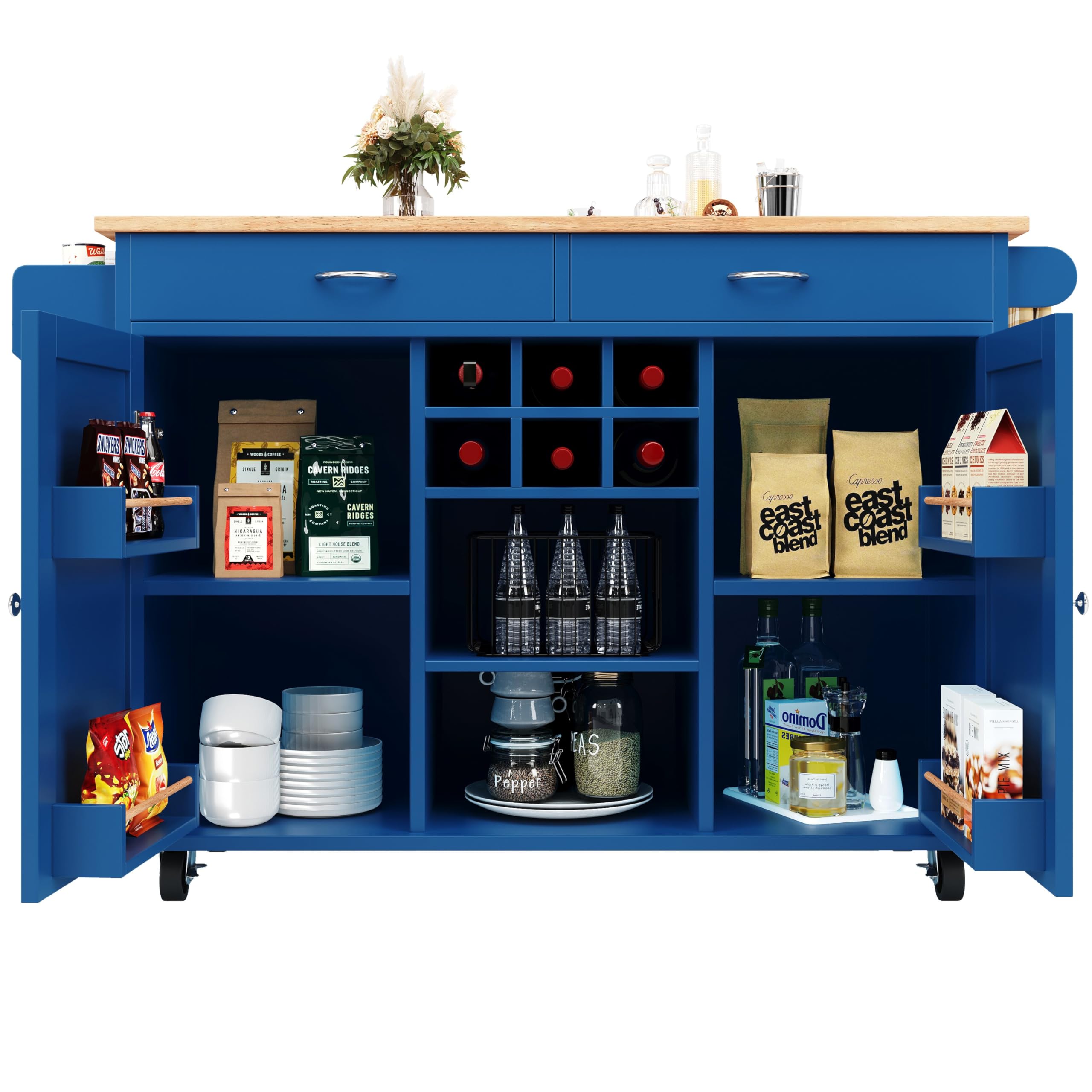 Kücheninsel(102×45×92cm), Küchenschrank, Buffetschrank, Speisewagen mit Holzmaserung, Multifunktionale Esstisch mit Speicherraum, Blau