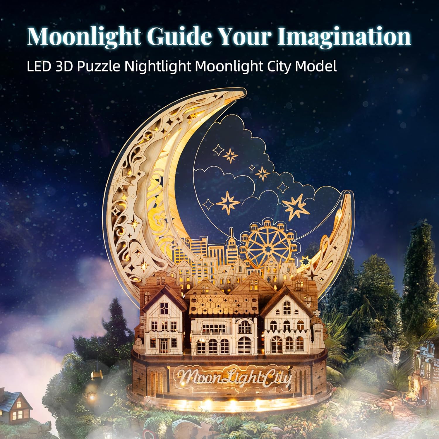 3D DIY Puzzle Moon City Model - LED 3D Wood Puzzle - 3D Wooden Puzzles for Adults Home Décor Gifts for Kids and Adults, White
