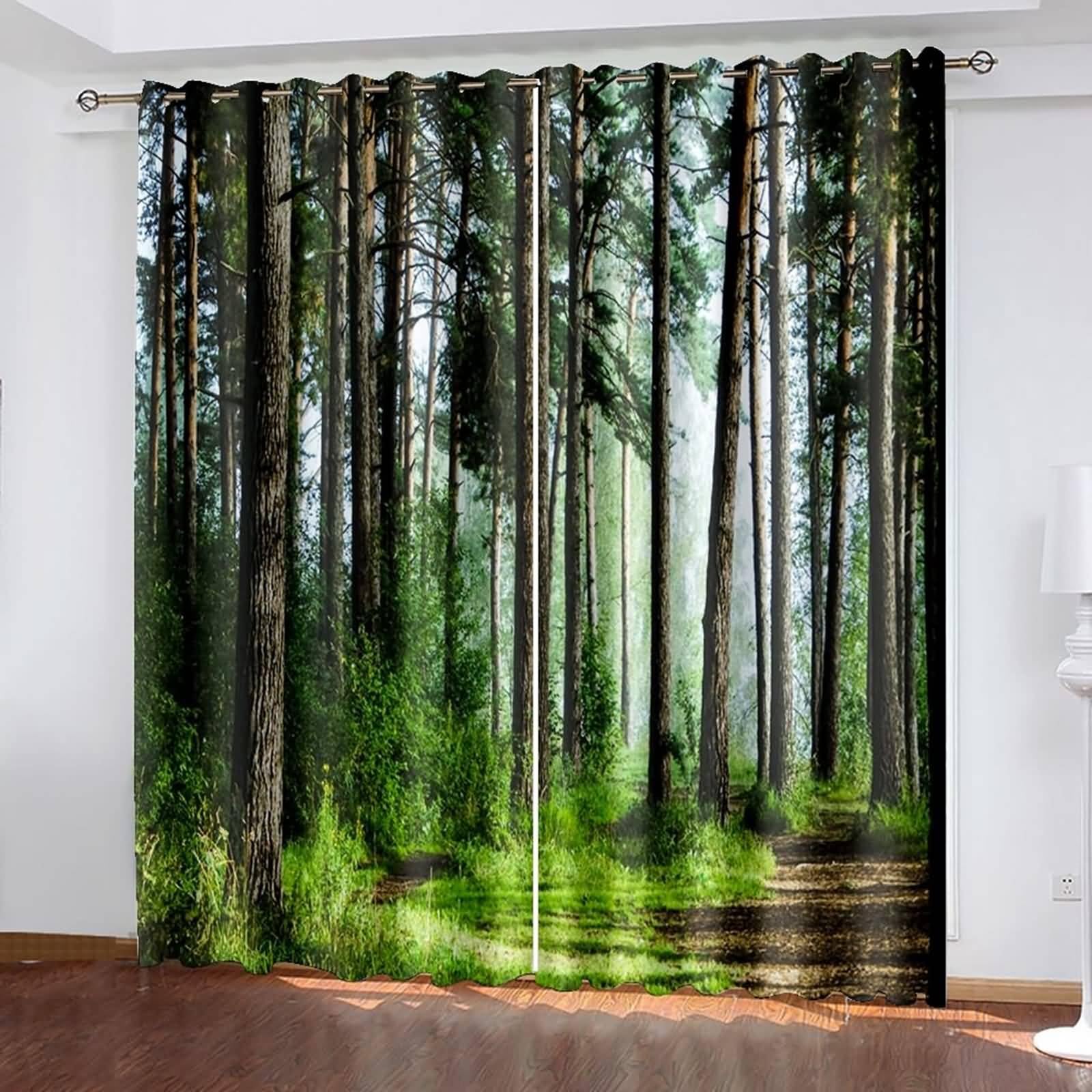 Thermo Vorhänge, 96x183cm Braun Grün Bäume Landschaft Vorhang für Fensterbehandlung Wohnzimmer/Küche