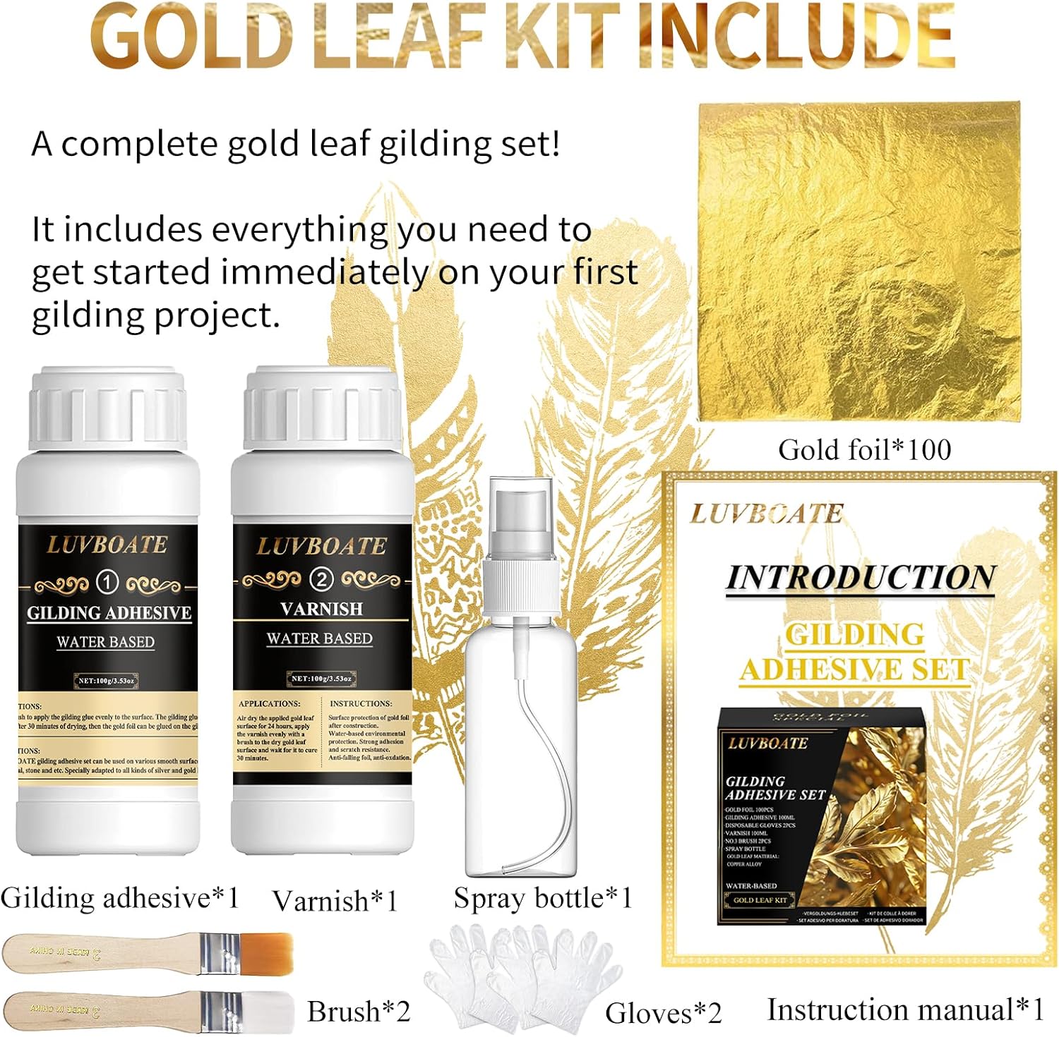 Gilding Adhesive Set, LUVBOATE Gold Leaf Kit, 3.53oz Water Based Adhesive and 3.53oz Varnish with Gold Leaf Sheet 100 pcs, Gold Foil Set for Arts, Craft, Painting, Furniture and Decoration