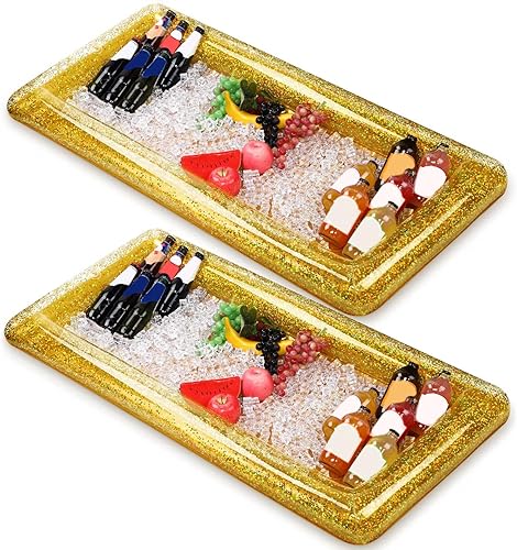 Enfriador inflable de bufett, 2 piezas, enfriador de alimentos inflable, bandeja de bar inflable con confeti brillante para servir alimentos,