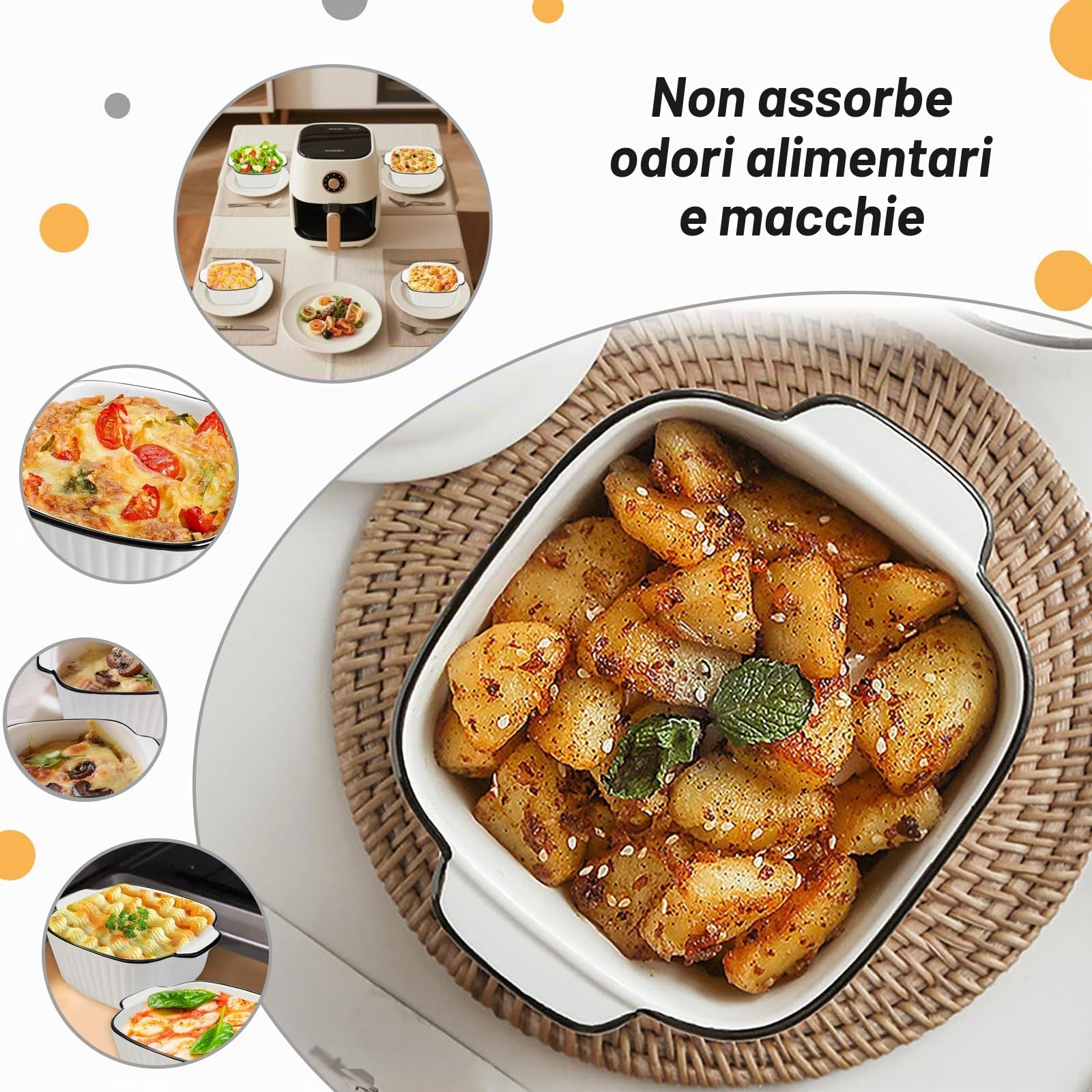 Teglia da forno in ceramica, 400 ml, set da 4 pezzi, piccole pirofile, con manici, 14,9 x 11,5 x 5,7 cm, piccola teglia in ceramica, per forno, microonde