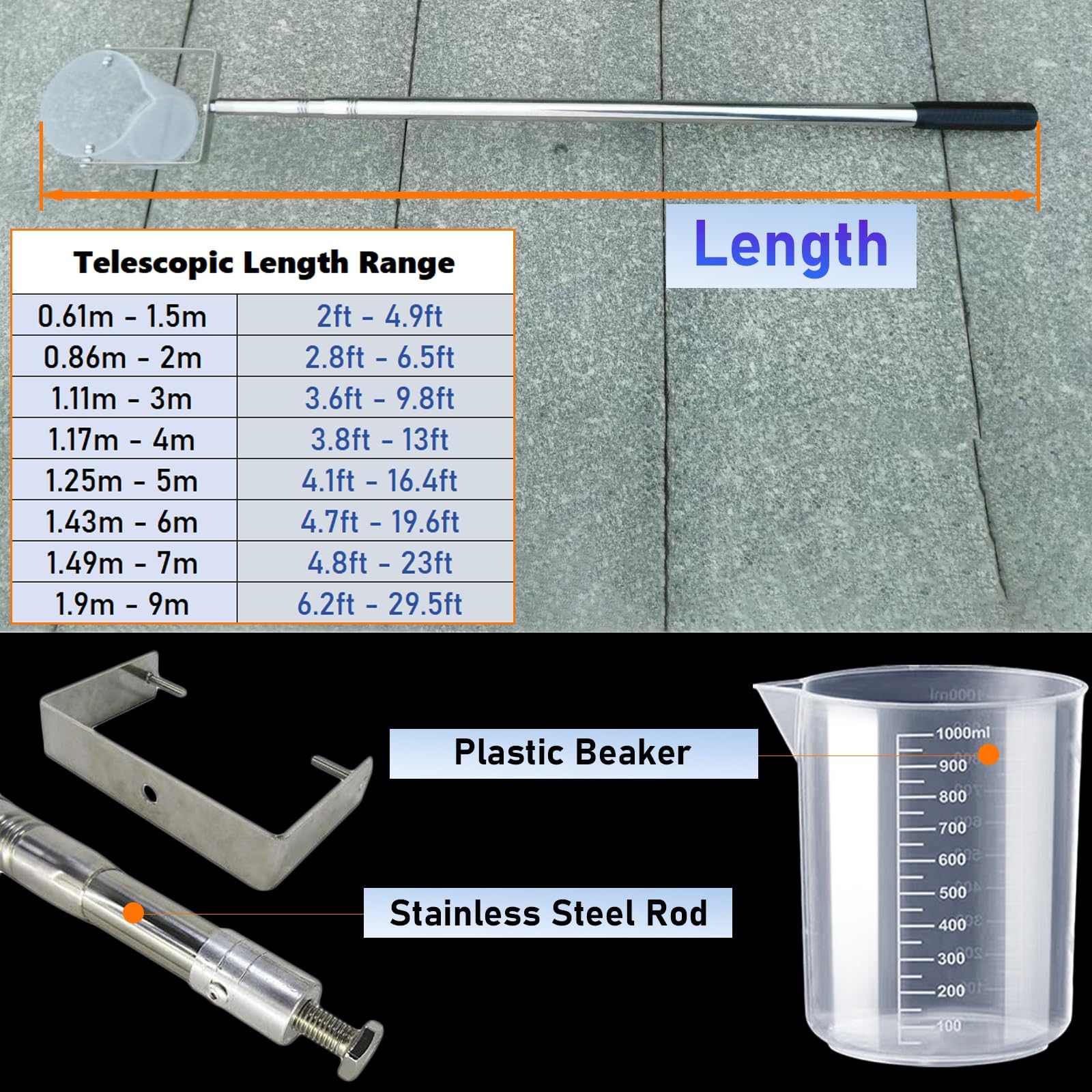 Campionatore d'acqua per campionamento fisso o oscillante, palo telescopico con becher, portata di 1.5-6m