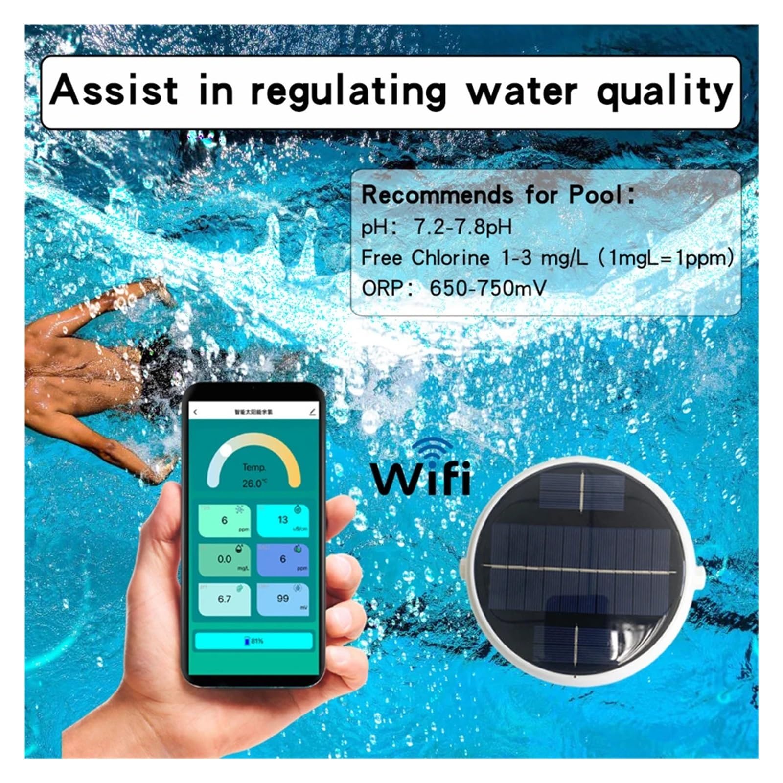Tester ph wody, Inteligentny miernik chloru 7 w 1 PH/ORP/EC/TDS/Temp/CL/Sól Miernik testowy Woda basenie Dane czasie rzeczywistym, do wody pitnej, akwariów itp