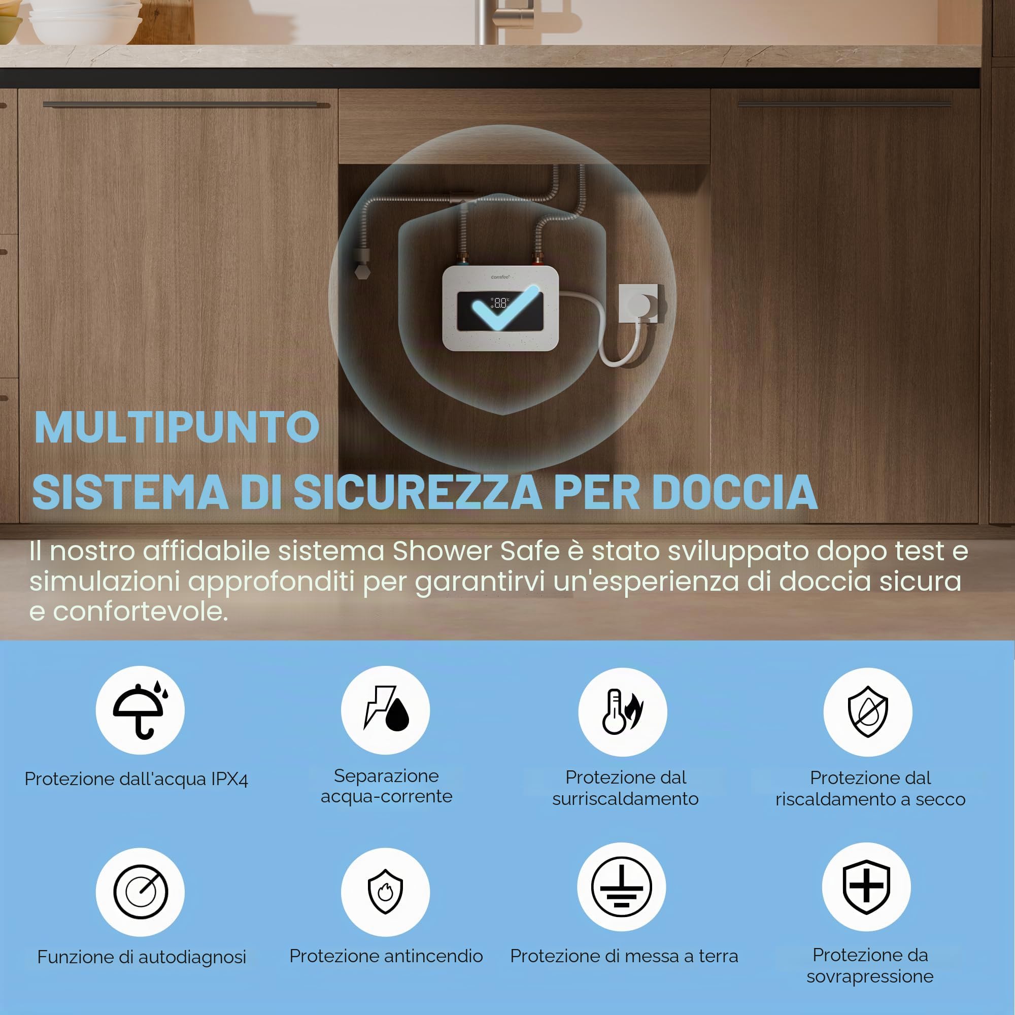 COMFEE 'CWH3.5EA1W Mini scaldabagno 3,6 kW per lavabi a mano, scaldabagno elettrico piccolo 230 V, controllata elettronicamente, resistente alla pressione, riscaldamento istantaneo, salvaspazio